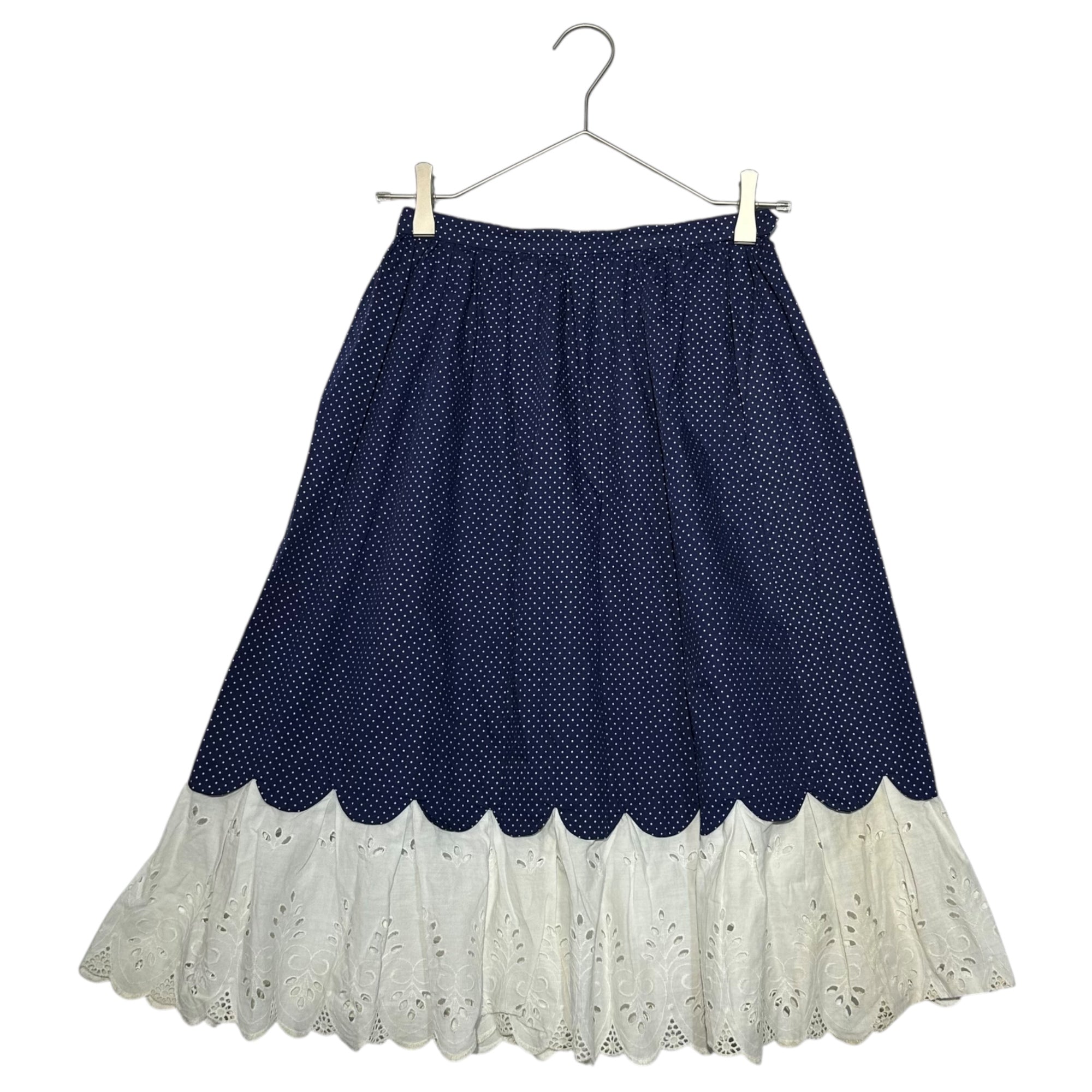 Euro vintage(ヨーロッパヴィンテージ) 70's~ Mizutama_dot printed knee length skirt with embroidery lace 水玉とエンブロイダリーレースのひざ丈スカート 表記無し(S~M程度) ブルー×ホワイト