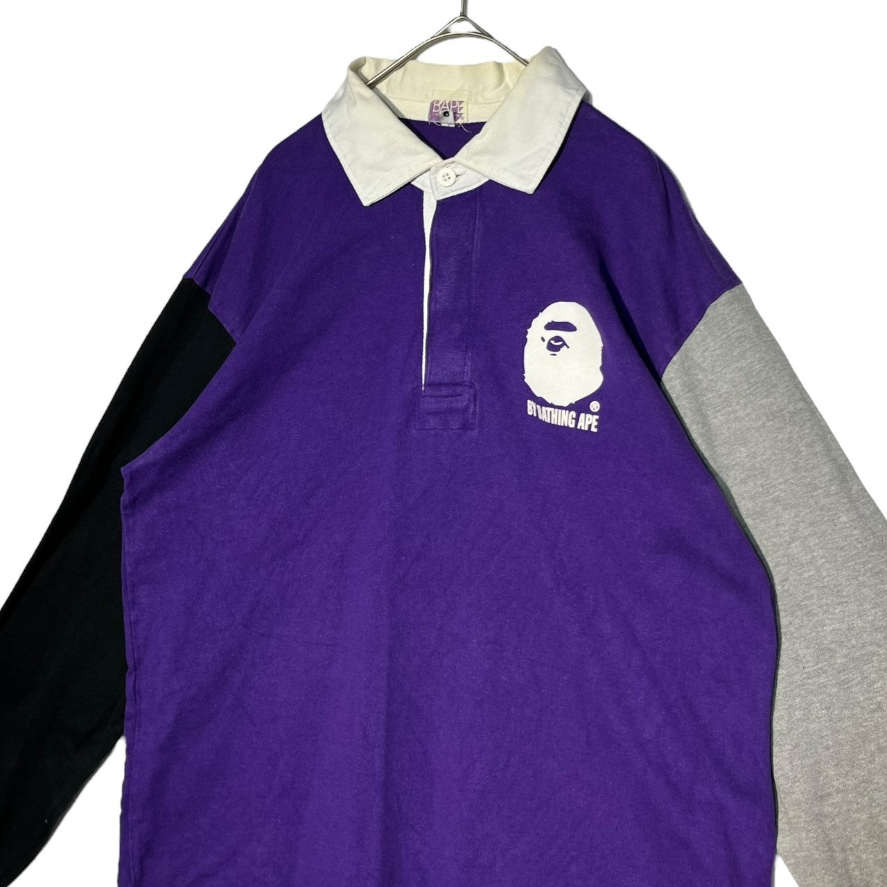 BAPE BY A BATHING APE(ベイプ バイ アベイシングエイプ) 00's border switching logo L/S polo shirt ボーダー 切替 ロゴ 長袖 ポロシャツ L ブラウン×ブラック カモフラ モンキー エルボーパッチ