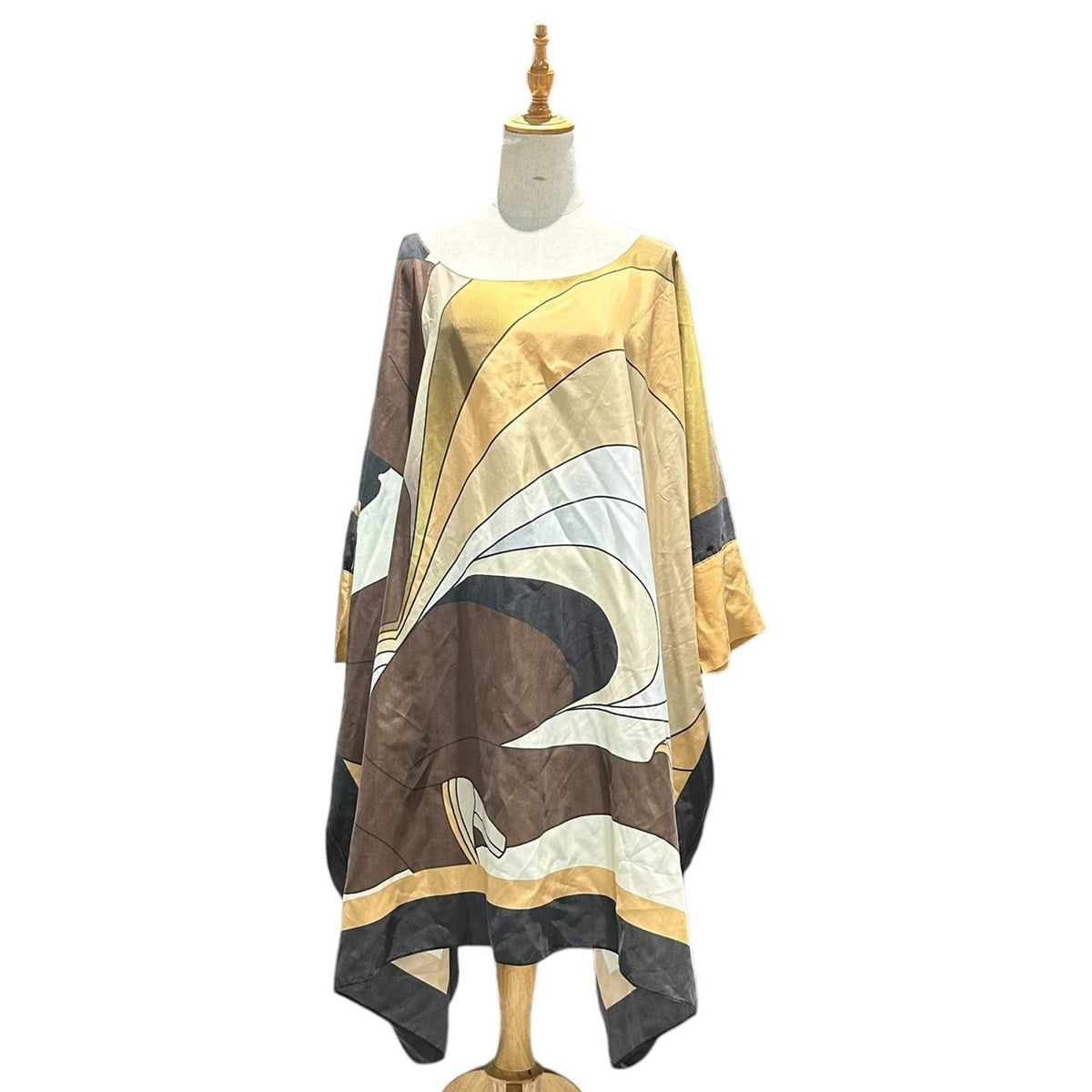 FENDI(フェンディ) Geometric-print all-silk dolman sleeve dress 幾何学模様 オールシルク ドルマン スリーブ ワンピース FXD568 AK77 L ベージュ×ブラウン