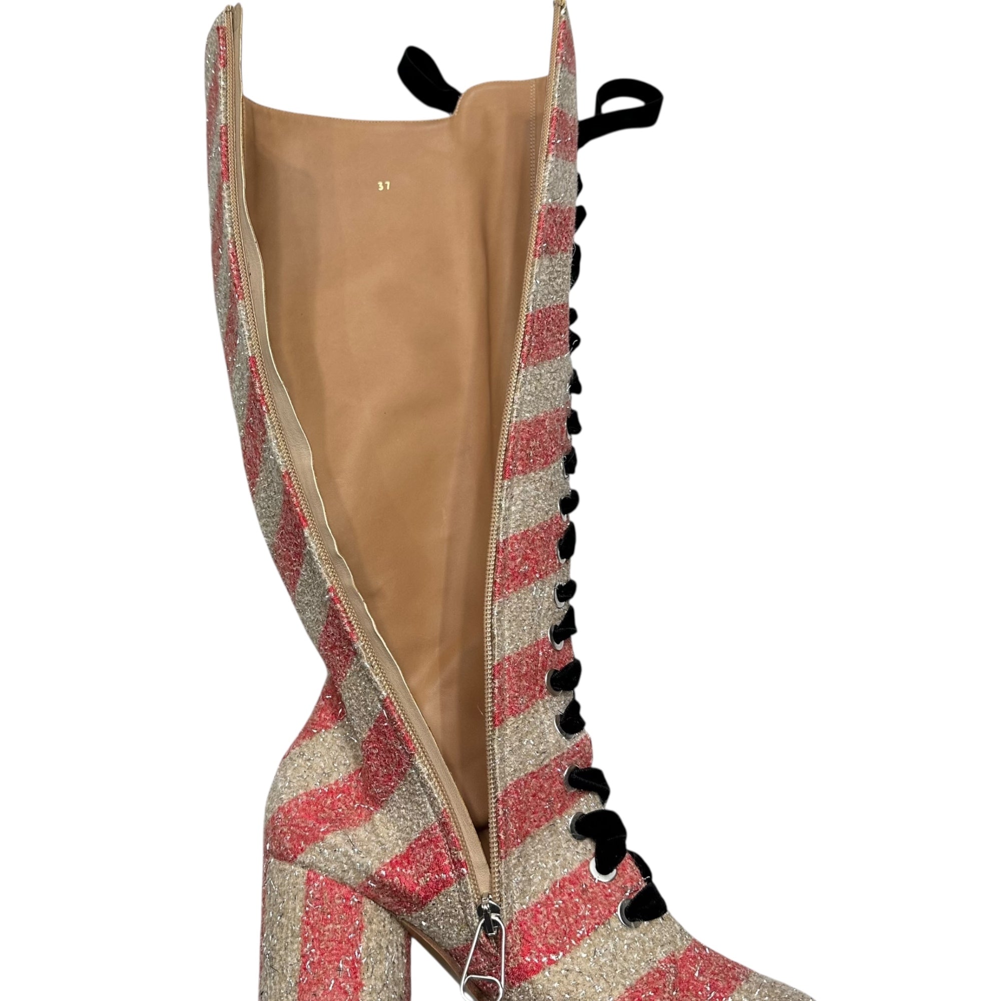 MAISON MARGIELA(メゾンマルジェラ) 17AW Lace-Up Tweed Long Boots レース アップ ツイード ロング ブーツ S58WW0045 37(23.5cm程度) レッド×ベージュ