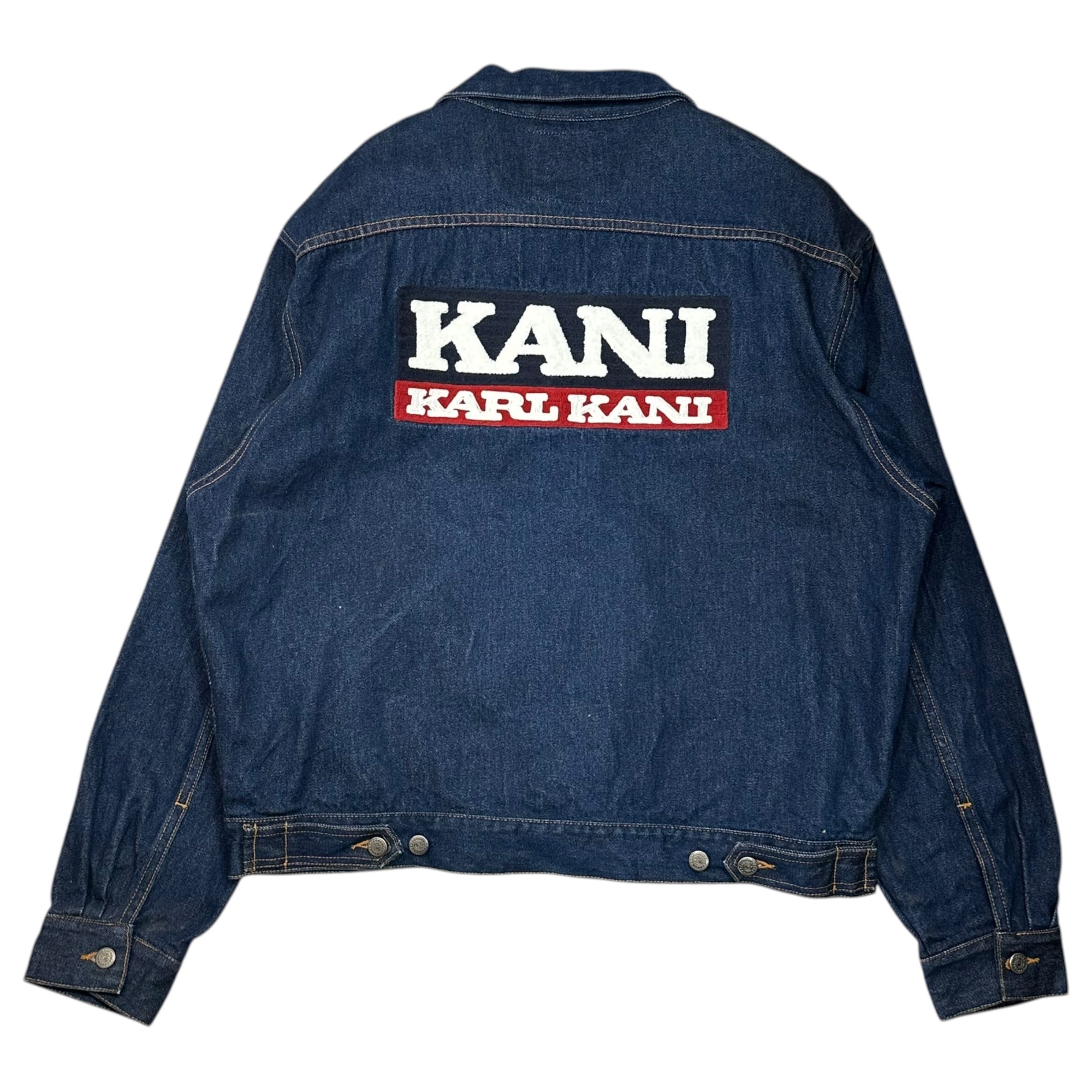 Karl Kani(カールカナイ) 90's Logo 2nd TYPE Denim Tracker Jacket ロゴ 刺繍 デニム トラッカー ジャケット L インディゴ 90年代 ヴィンテージ B系