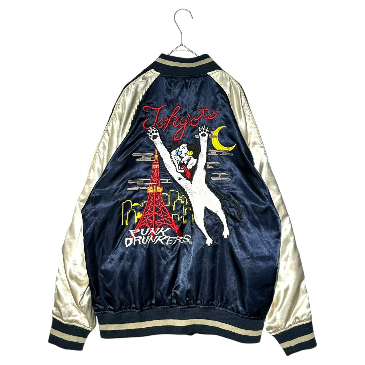 PUNKDRUNKERS(パンクドランカーズ) Stray Cat Souvenir Jacket 野良猫 スカジャン XL ネイビー×ブラック スーベニア ジャケット リバーシブル ブルゾン