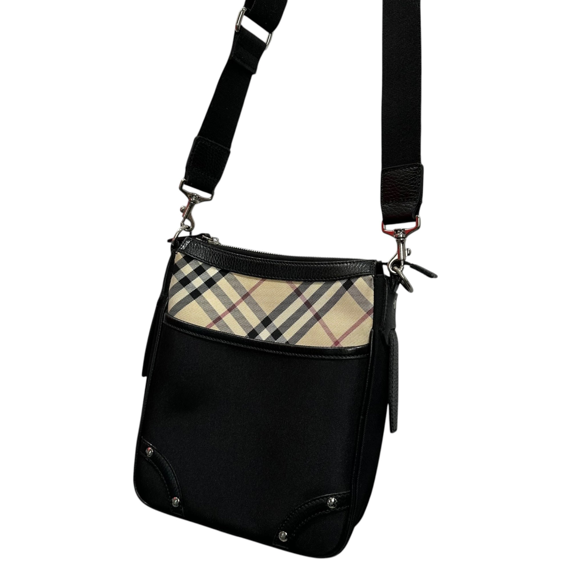 BURBERRY(バーバリー) Nova Check Leather-Accent Shoulder Bag ノヴァチェック レザー切替 ショルダー バッグ ブラック