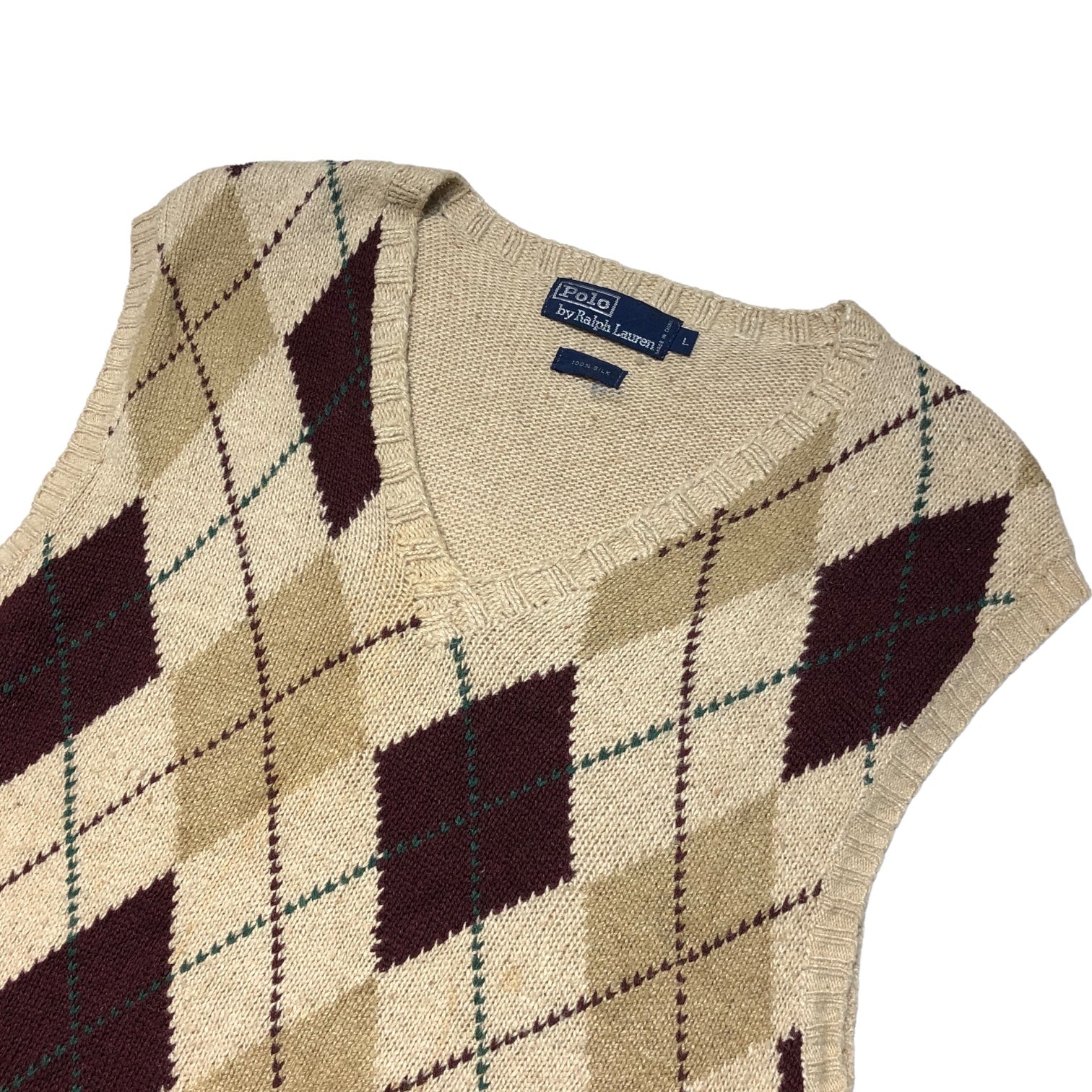 POLO RALPH LAUREN(ポロラルフローレン) All silk argyle knit vest オールシルク アーガイル ニット ベスト L ベージュ ヴィンテージ