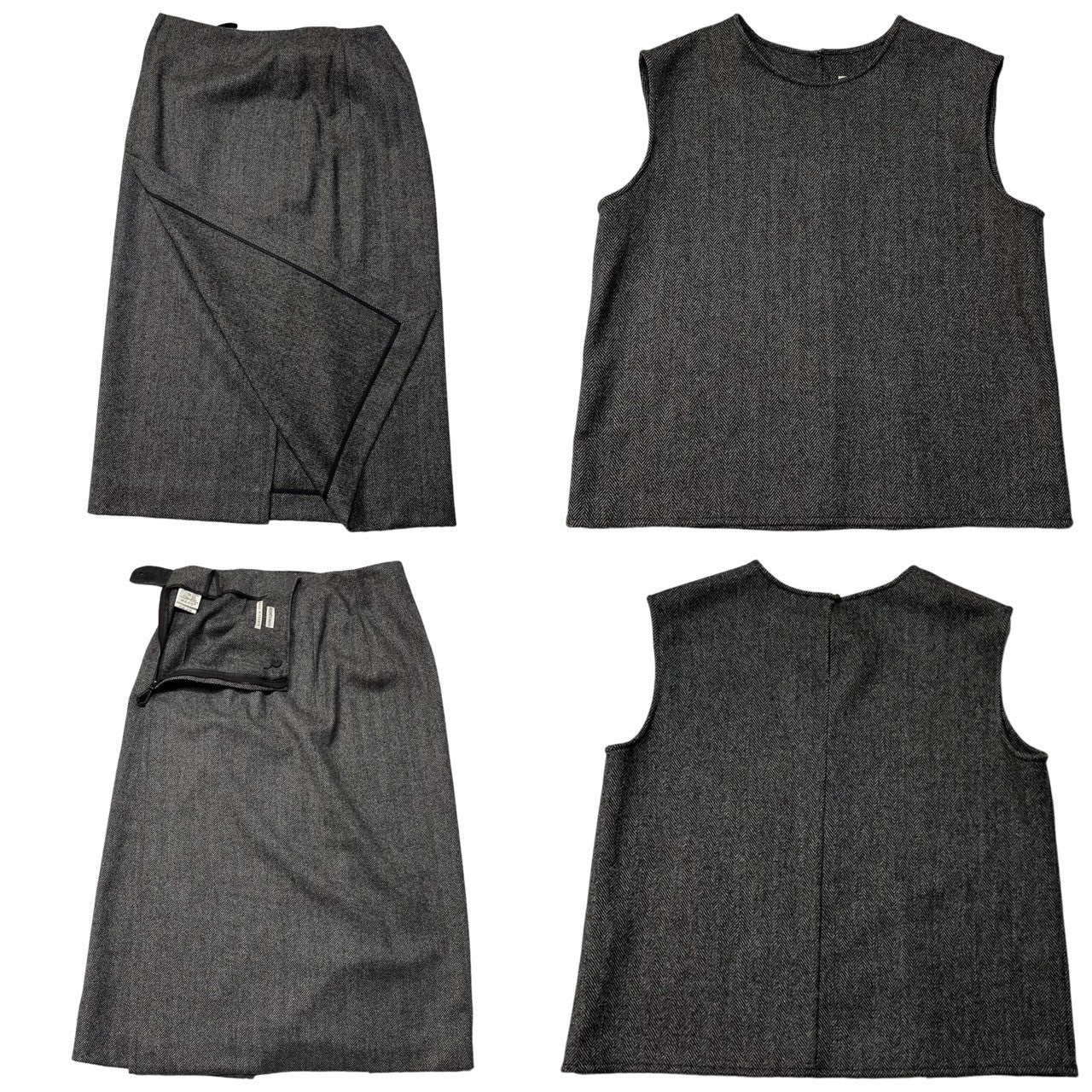 HERMES(エルメス) By margiela 3P Tweed stole jacket setup ツイード ストール ジャケット セットアップ マルジェラ期 36(M程度) ブラウン ノースリーブ ブラウス タイト ロング スカート テーラード ノーカラー ジャケット アーカイブ