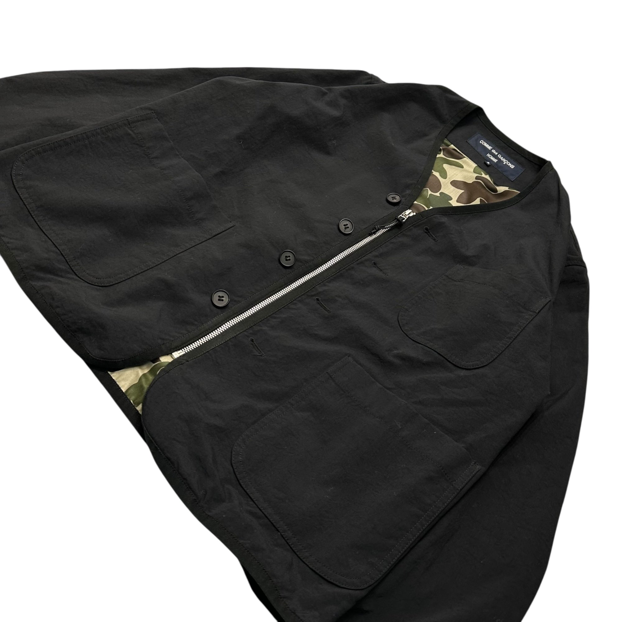 COMME des GARCONS HOMME(コムデギャルソンオム) 22SS Camouflage Lining Nylon Oxford No-Collar Jacket 裏地 カモフラ ナイロン オックス ノーカラー ジャケット HI-J006 S ブラック AD2021