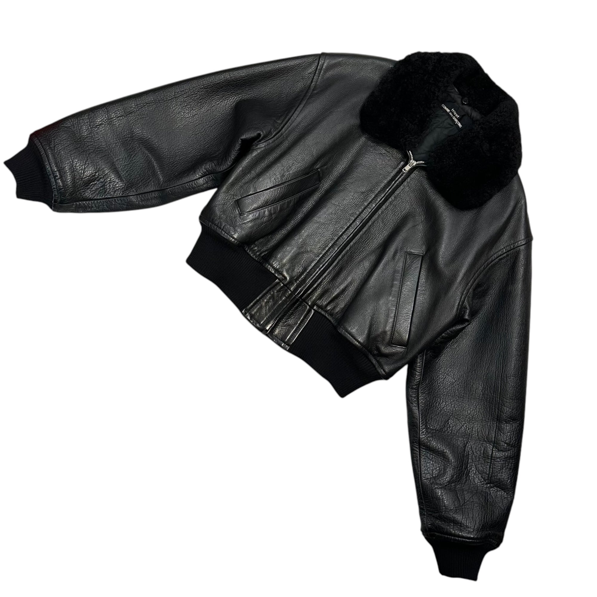 tricot COMME des GARCONS(トリココムデギャルソン) 80's Vintage Short-Length Faux Fur Leather Bomber Jacket 80年代 ショート レングス ボア レザー ボンバー ジャケット TJ-050730 FREE ブラック AD表記無 男性着用可能 ヴィンテージ アーカイブ 稀少