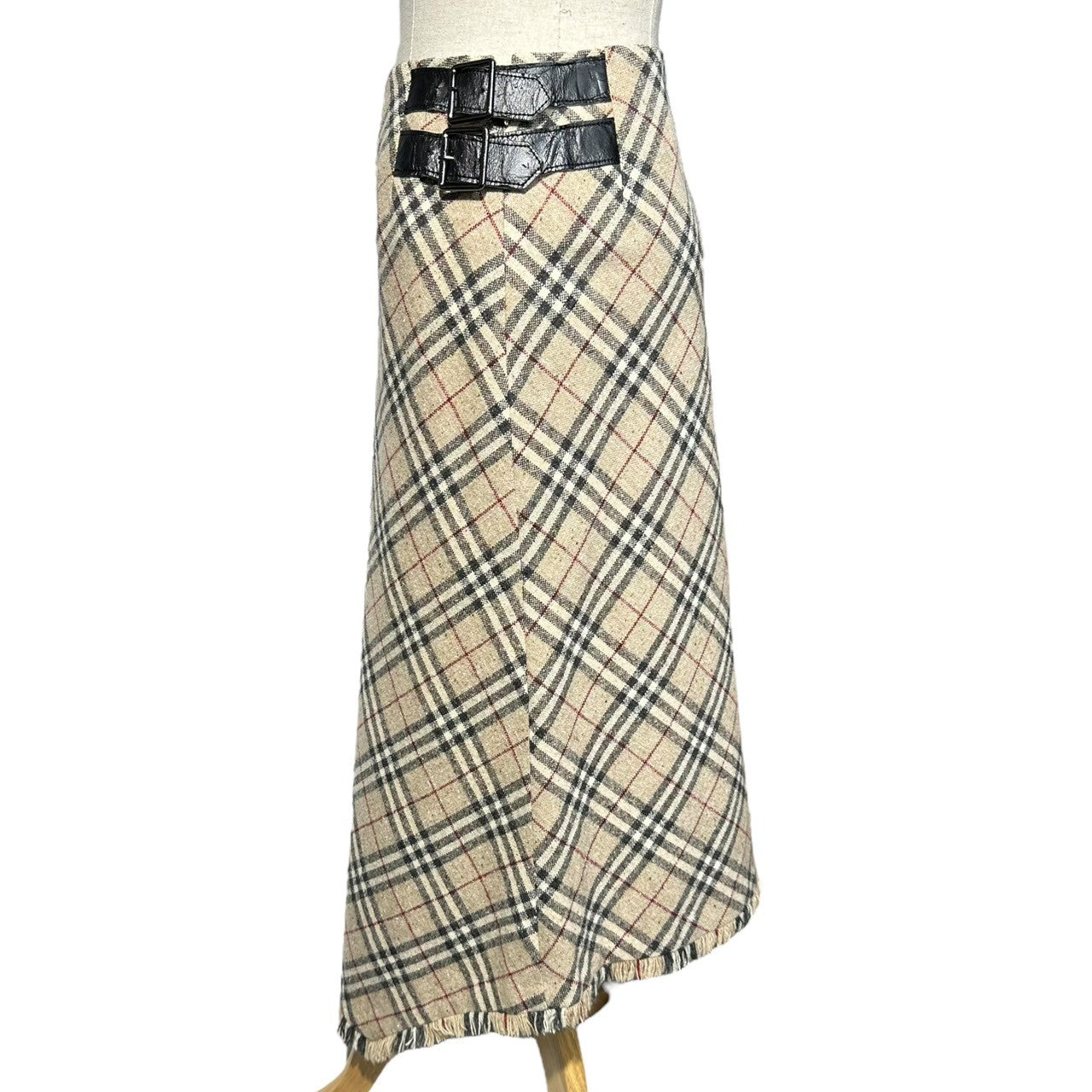 BURBERRY LONDON(バーバリーロンドン) Nova Check Angora Cashmere Blend Leather Belt Long Skirt ノヴァチェック アンゴラ カシミヤ ブレンド レザー ベルト ロング スカート FX058-074 36(S程度) ベージュ