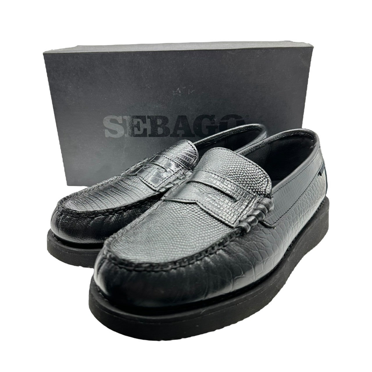 SEBAGO×Engineered Garments(セバゴ×エンジニアードガーメンツ) EXOTIC LOAFER EG エキゾチック レザー ローファー 741145W 42(28cm程度) ブラック 革靴 コイン 厚底 vibramソール コラボ 箱付