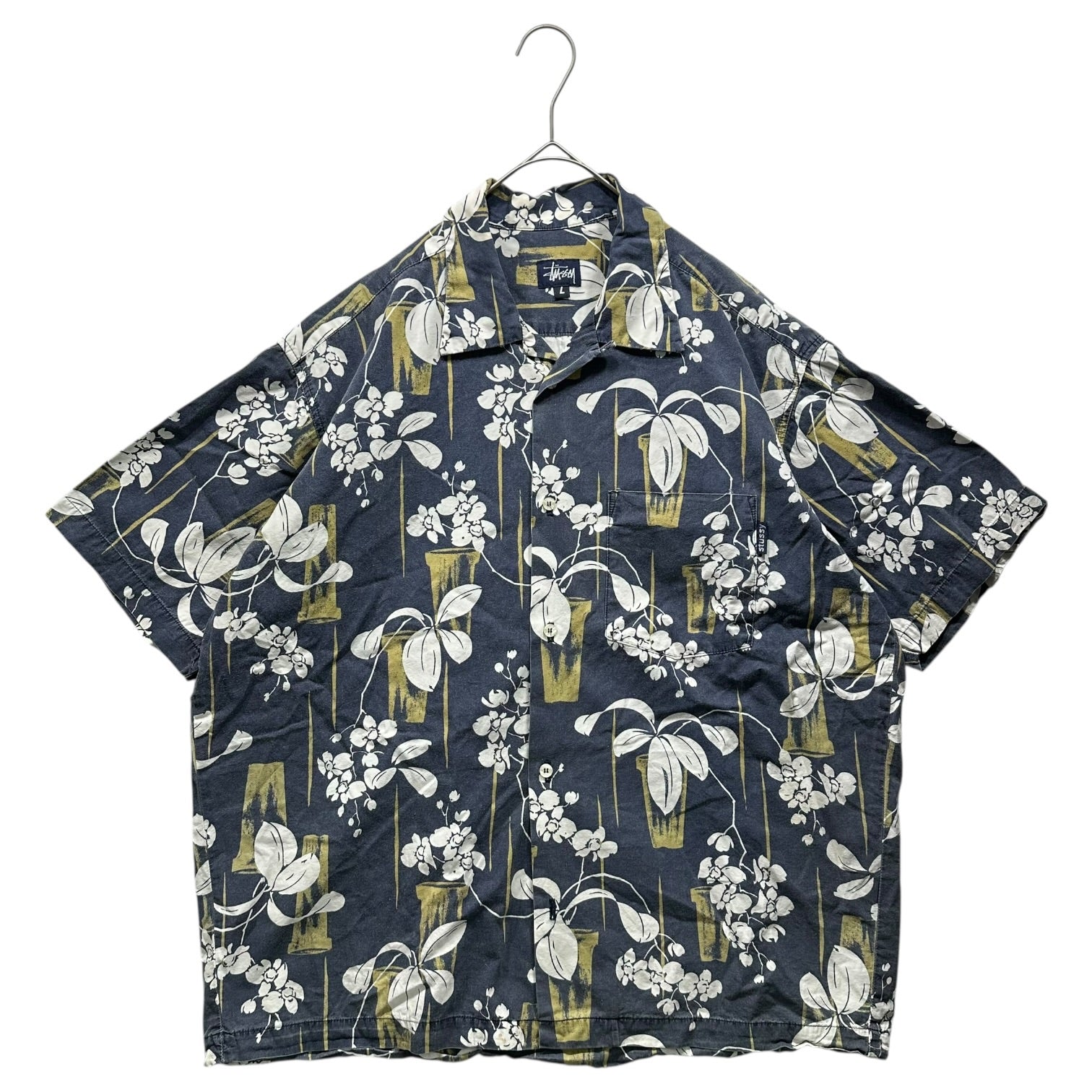 STUSSY(ステューシー) 90's USA made Aloha Shirt アロハ シャツ L ネイビー オープンカラー 開襟 90年代 OLD ヴィンテージ 半袖