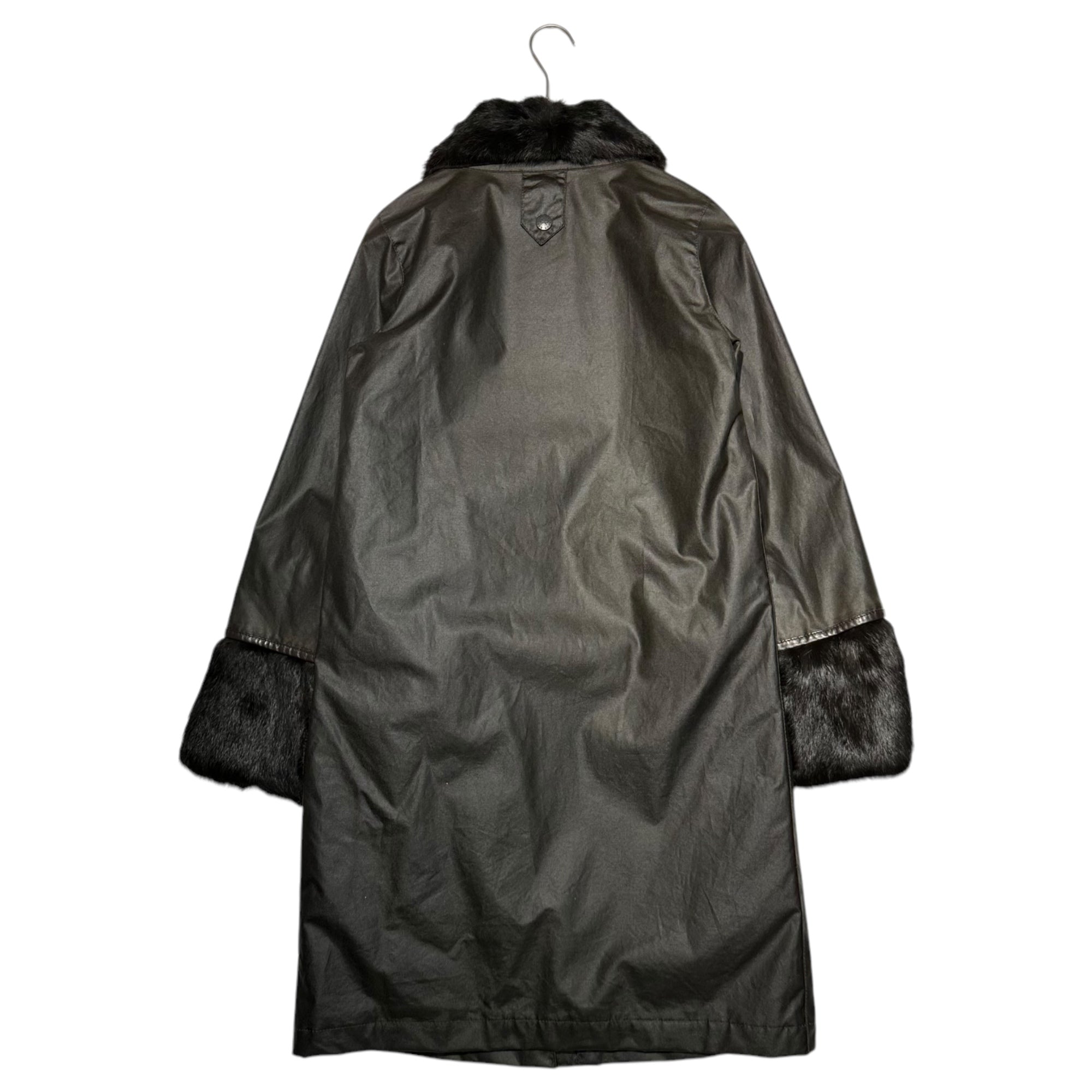 Barbour × ANYA HINDMARCH(バブアー × アニヤハインドマーチ) Fur-embellished oiled jacket coat ファー装飾 オイルド ジャケット コート 34(XS~S程度) ダークブラウン コラボアイテム 稀少品