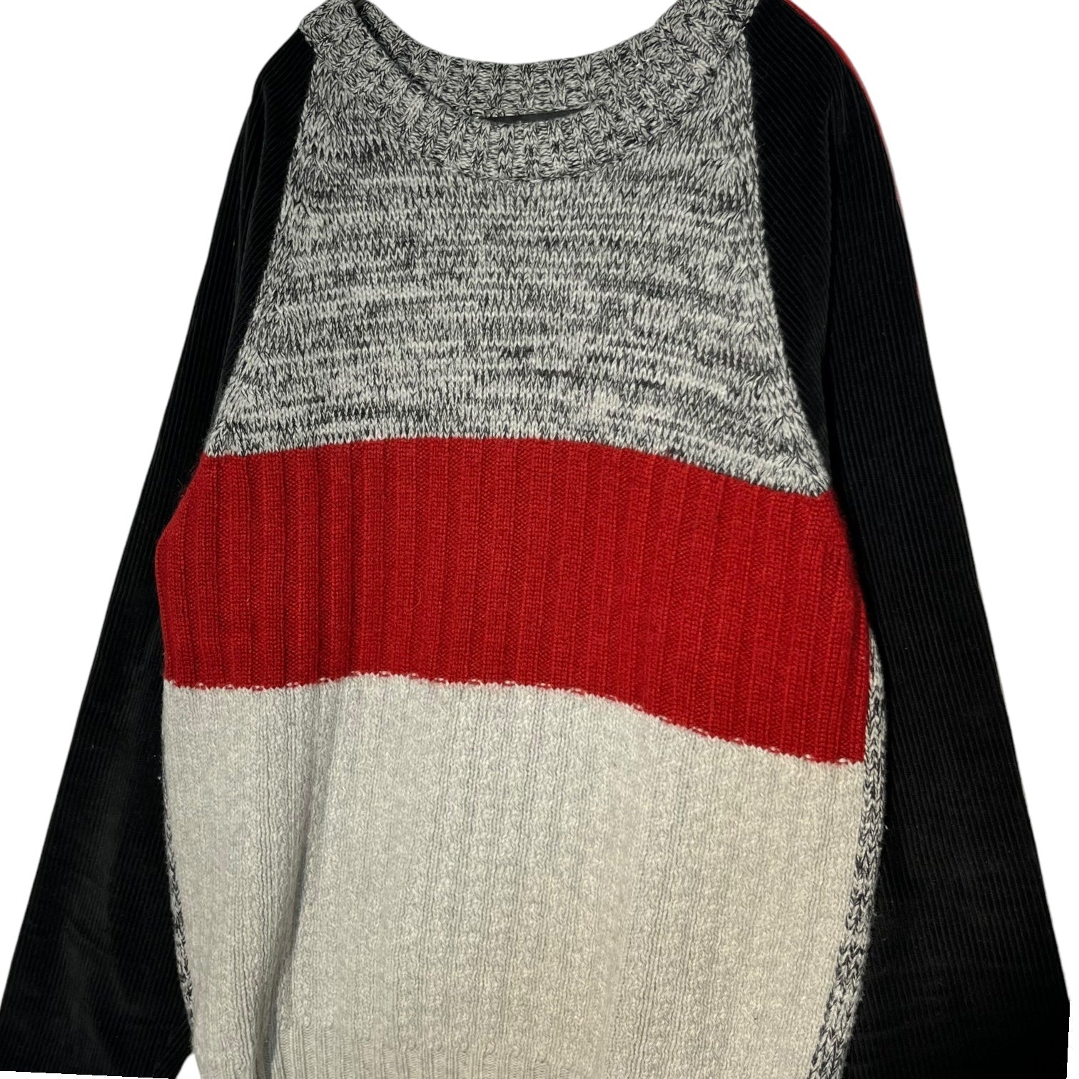 DOLCE&GABBANA(ドルチェ&ガッバーナドルガバ) Corduroy shirt sleeve switching wool knit コーデュロイ シャツ スリーブ クルーネック ウール ニット 44(S程度) グレー×レッド