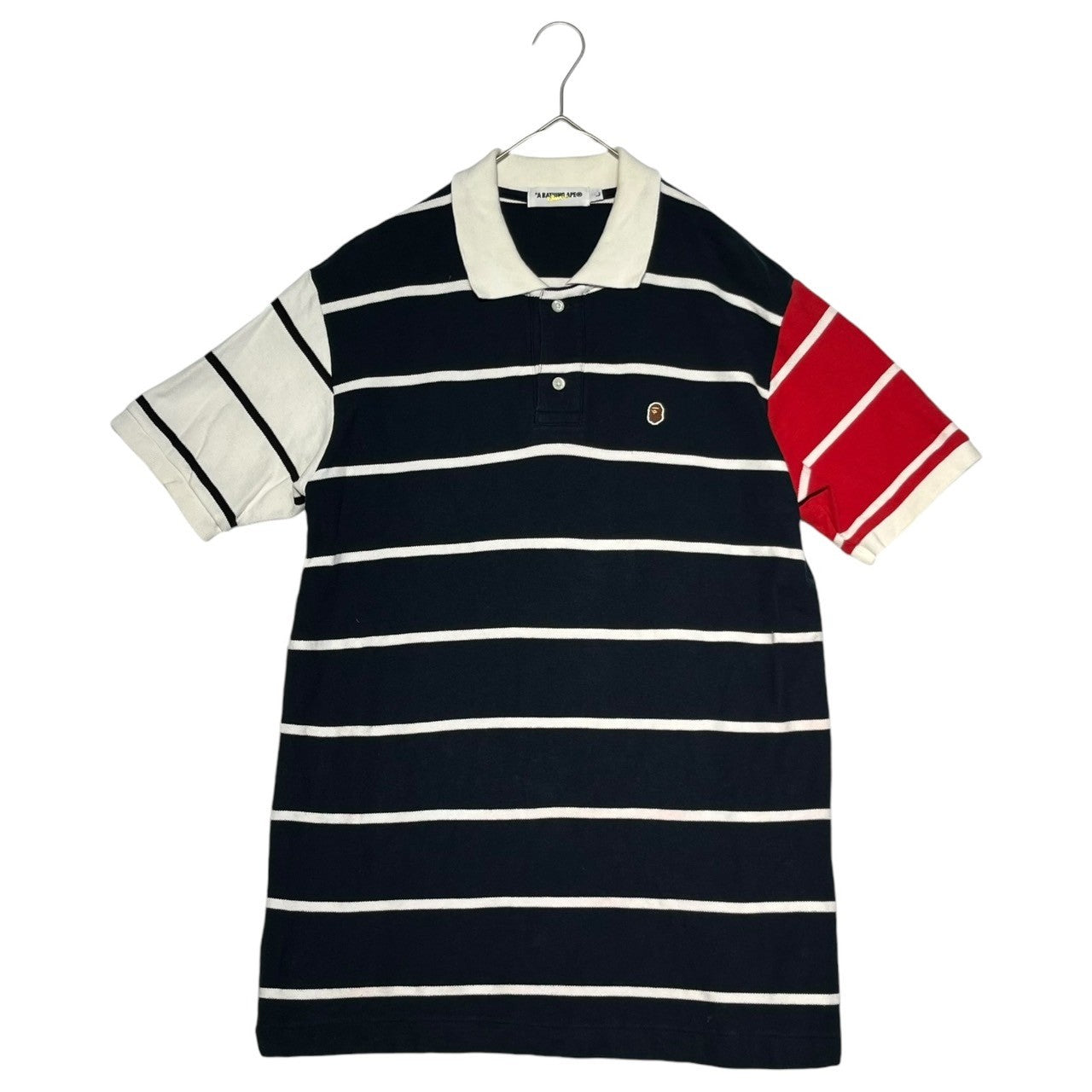 A BATHING APE(アベイシングエイプ) 00's Border one point logo polo shirt アシンメトリー ボーダー ワンポイント ロゴ ポロシャツ L ネイビー×ホワイト