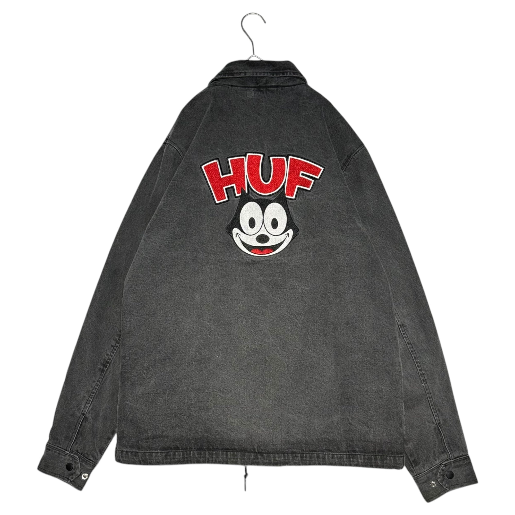 HUF(ハフ) FELIX logo black denim coach jacket フェリックス ロゴ ブラックデニム コーチ ジャケット L ブラック