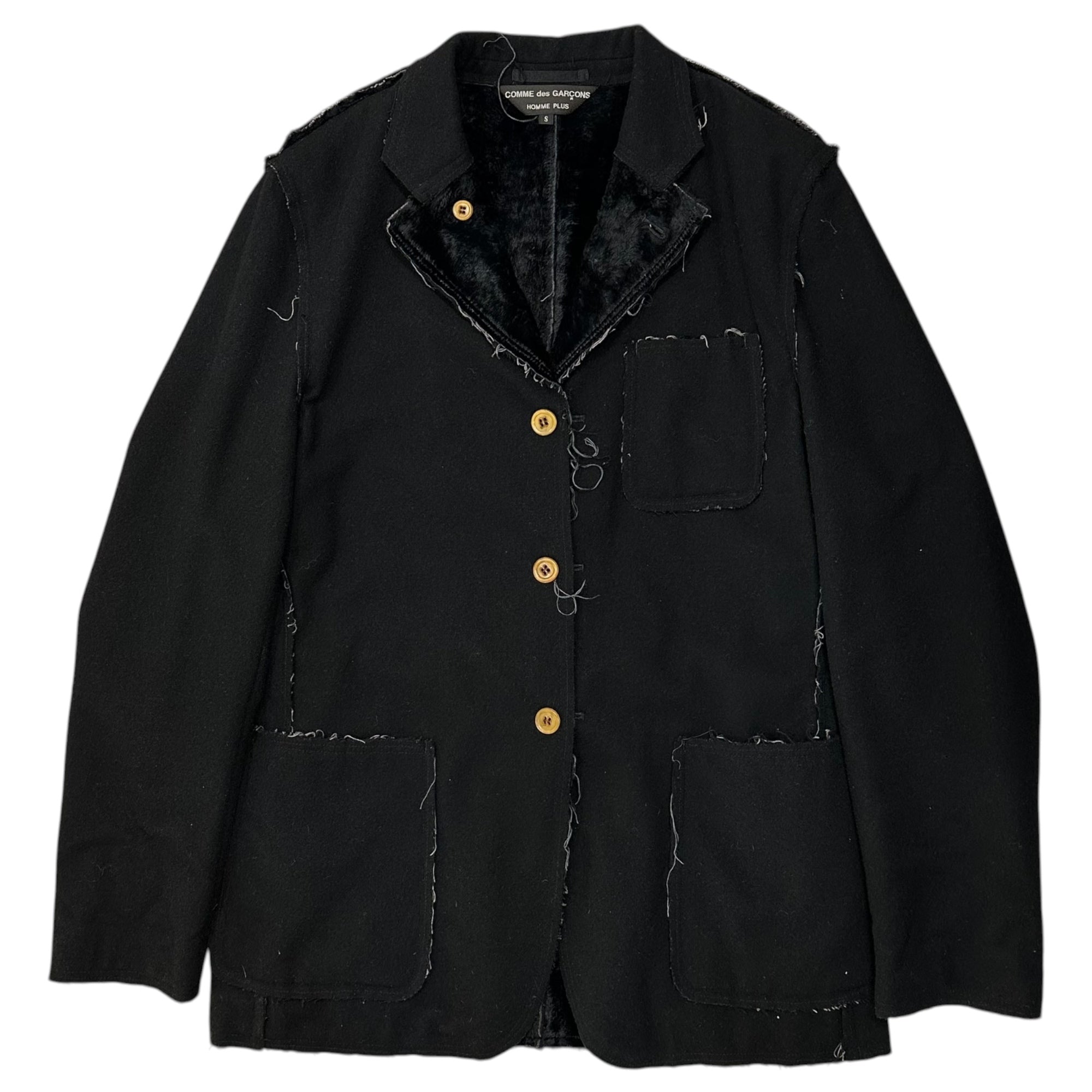 COMME des GARCONS HOMME PLUS(コムデギャルソンオムプリュス) 02AW Fur-lined Raw-edge Wool Design Jacket 内側ファー 断ち切り ウール デザイン ジャケット PG-J082 S ブラック AD2002 四つの黒期 アーカイブ