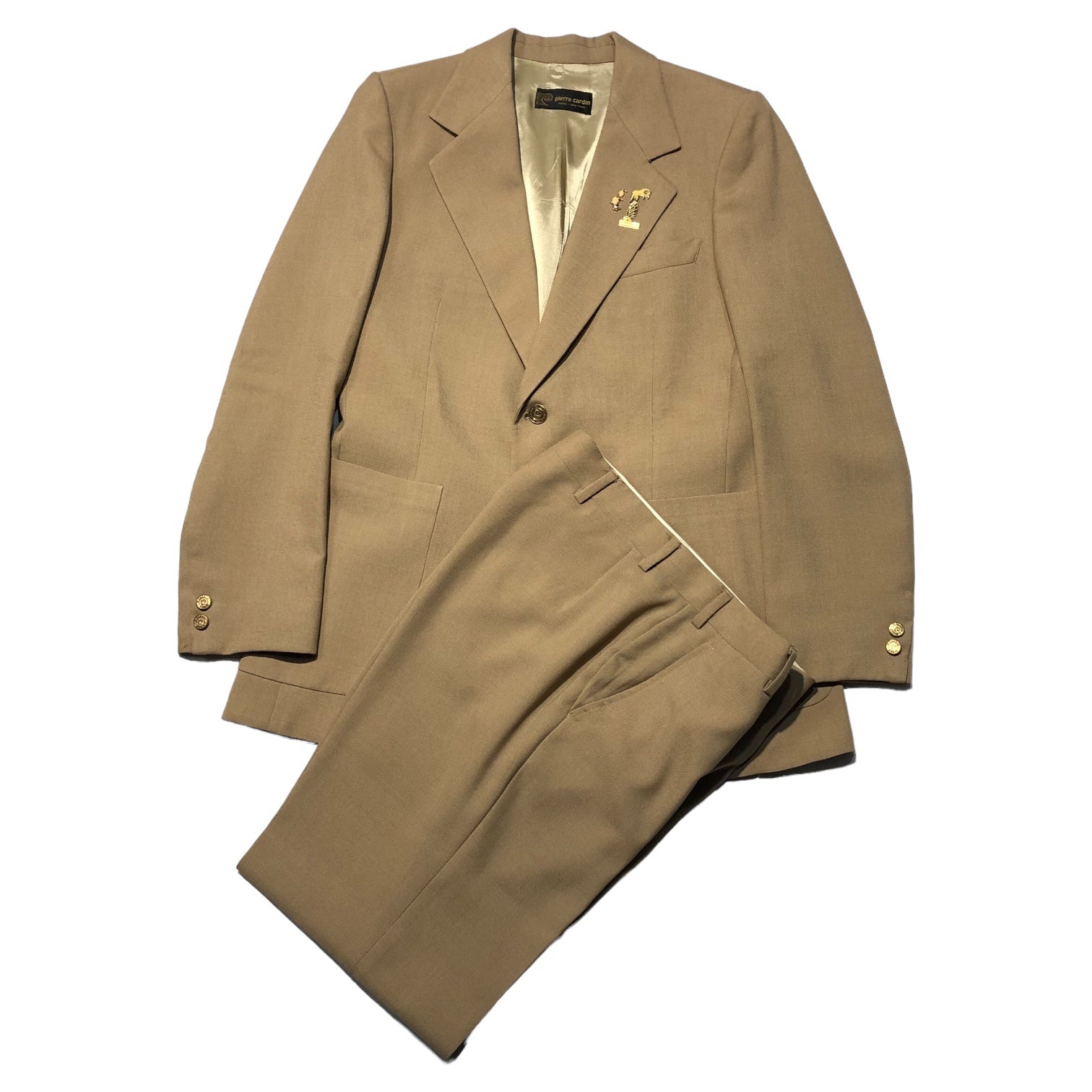 Pierre Cardin(ピエールカルダン) 70's gold button blazer setup suit 金ボタン ブレザー セットアップ  スーツ 表記無し(M-L程度) ベージュ 70年代 ヴィンテージ テーラード ジャケット セミフレア スラックス パンツ 1970年8月製造