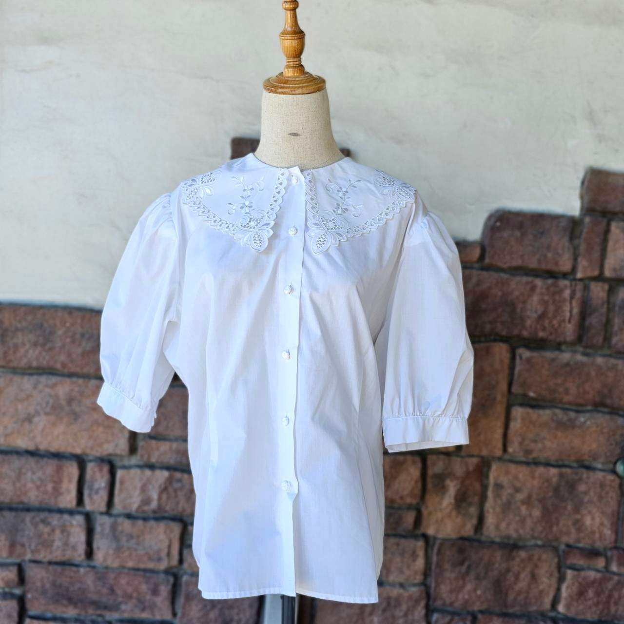 vintage(ヴィンテージ) 80'~90's big lace collar shortsleeve puffblouse 大きなレース衿の半袖パフスリーブブラウス 表記無し(M~Lサイズ程度) ホワイト デザインボタン