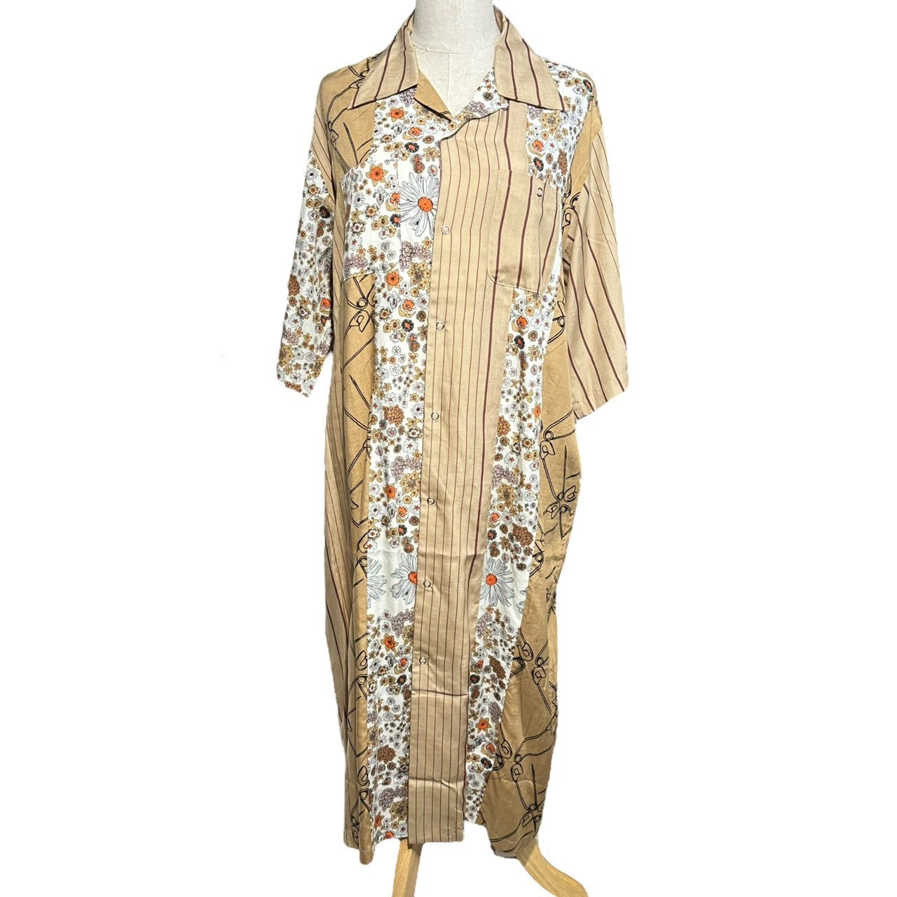 NEEDLES×NOMA(ニードルズ×ノマ) 22SS Cabana Shirt dress Patchwork カバナ シャツ ワンピース パッチワーク N33-NNDR01 2 ブラウン×ホワイト 総柄 半袖 ロング