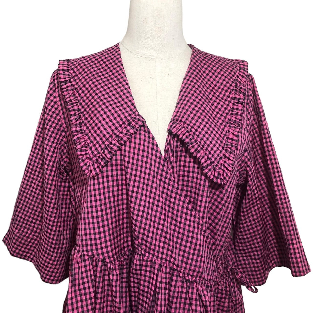 GANNI(ガニー) エリザベスカラー シアサッカー カシュクール ロング ワンピース BA.D6455 S/M ピンク×ブラック