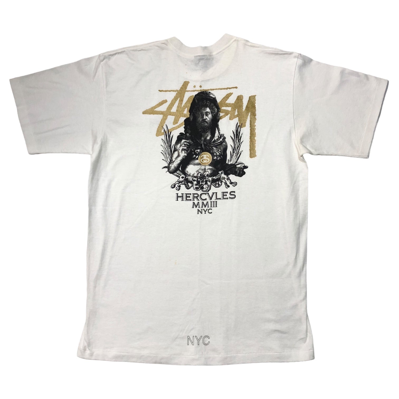 STUSSY(ステューシー) 90's HERCVLES ヘラクレス バックプリント Tシャツ 紺タグ SIZE L ホワイト×ブラック×ゴールド 90年代 OLD STUSSY