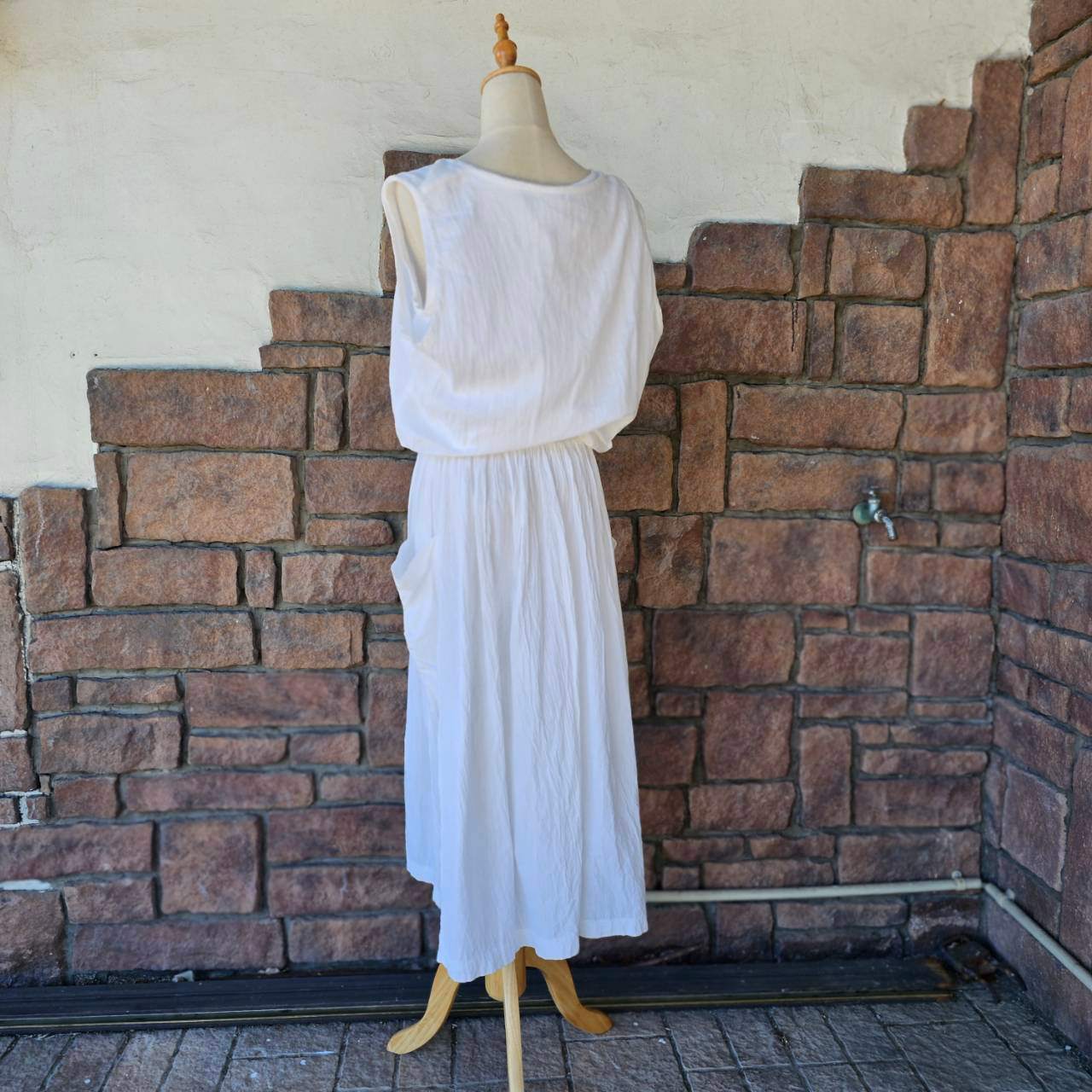 VINTAGE(ヴィンテージ) 70's double cloth nonsleeve onepiece with big pocket ポケット付き二重生地のノースリーブワンピース M~L程度 ホワイト