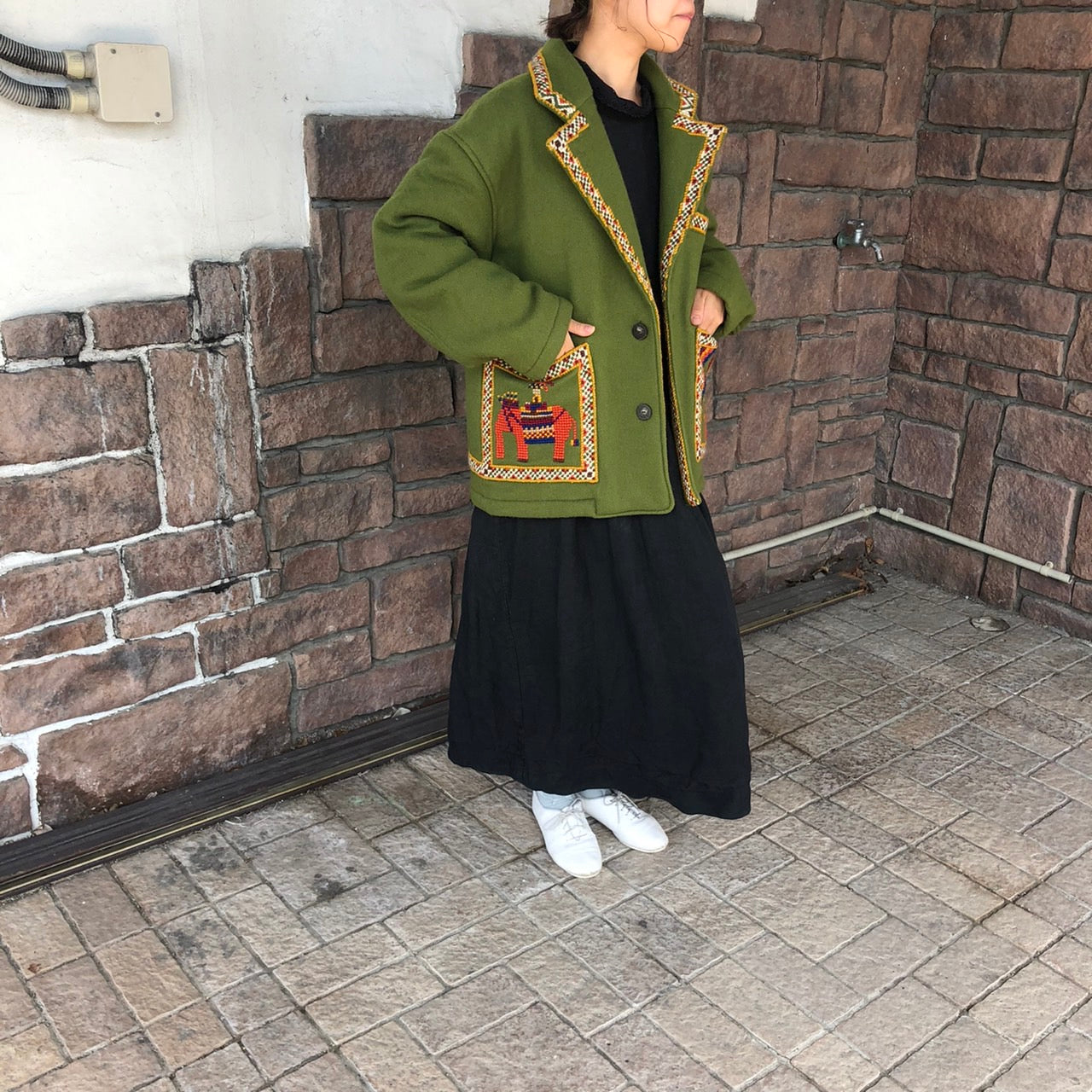 i.s. ISSEY MIYAKE(アイエス イッセイミヤケ) 80's Mexican stitch woolj acket/メキシカンステッチウールジャケット RG34010 M(メンズサイズ) グリーン