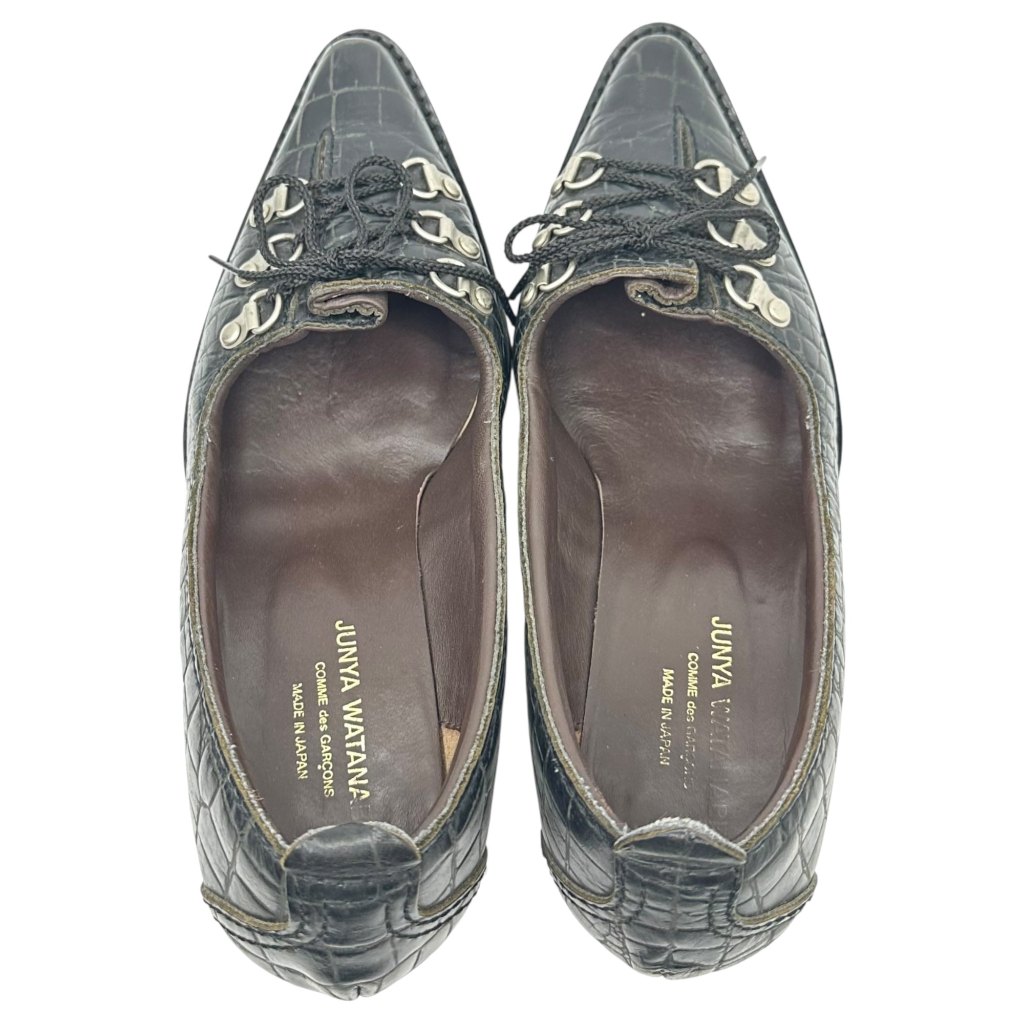 COMME des GARCONS JUNYA WATANABE(コムデギャルソンジュンヤワタナベ) 05AW Crocodile embossed trekking lace-up pointed toe heel pumps クロコ 型押し トレッキング レースアップ ポインテッドトゥ ヒール パンプス L ブラック
