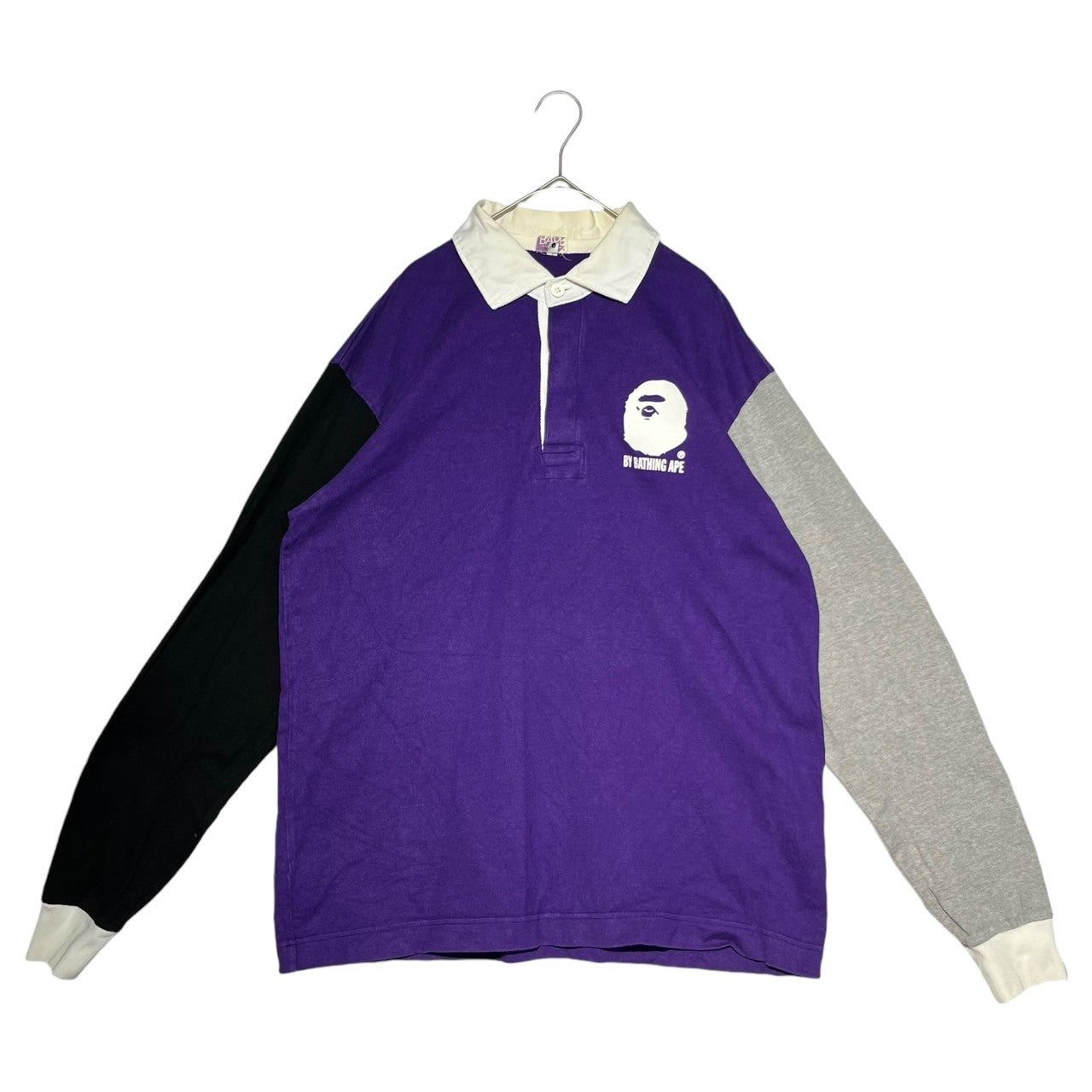 BAPE BY A BATHING APE(ベイプ バイ アベイシングエイプ) 00's border switching logo L/S polo shirt ボーダー 切替 ロゴ 長袖 ポロシャツ L ブラウン×ブラック カモフラ モンキー エルボーパッチ