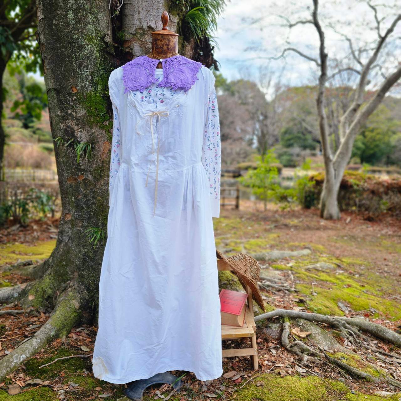 Euro vintage(ヨーロッパヴィンテージ) flower embroidery batten lace collar 花刺繍のバテンレースのつけ襟 ラベンダー 未使用に近い/後染め加工 ラベンダー