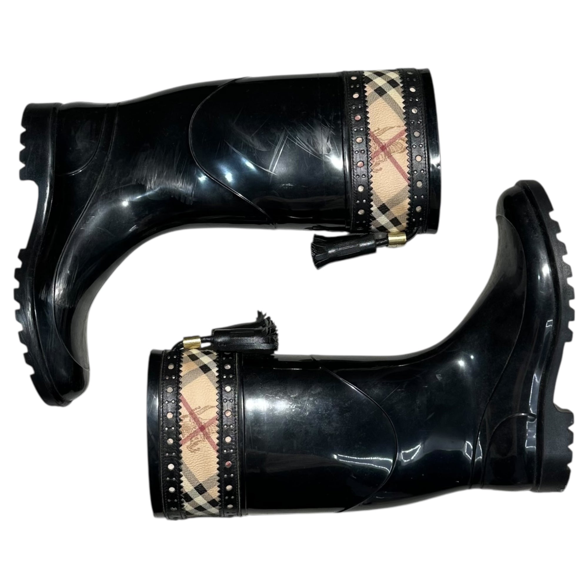 BURBERRY(バーバリー) Nova Check Switch Tassel Rain Boots ノヴァ チェック 切替 タッセル レインブーツ 37(23.5cm) ブラック×ベージュ