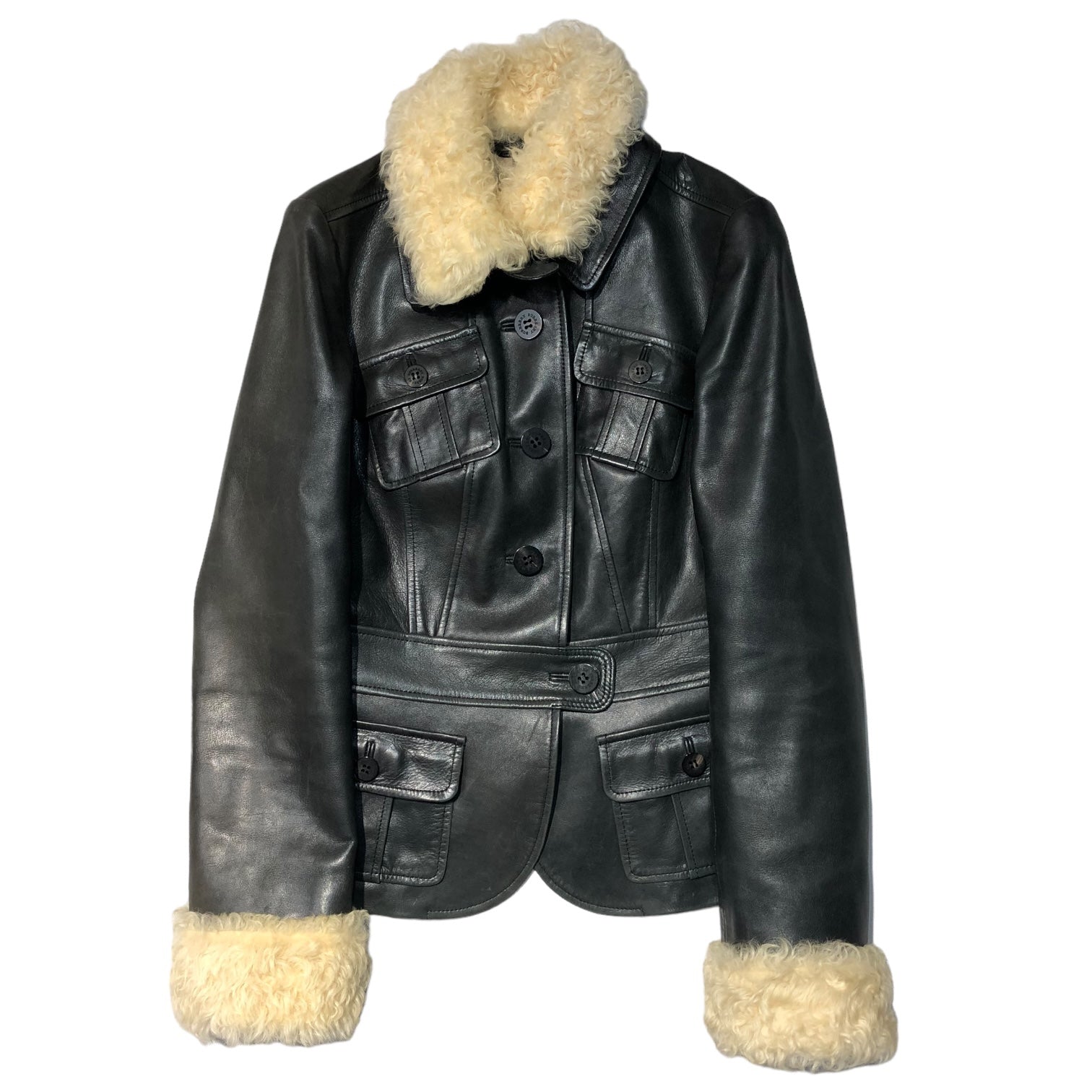 BURBERRY LONDON(バーバリーロンドン) ノヴァチェック ライニング ムートンファー レザー ジャケット FC061-788-09 38(M程度) ブラック