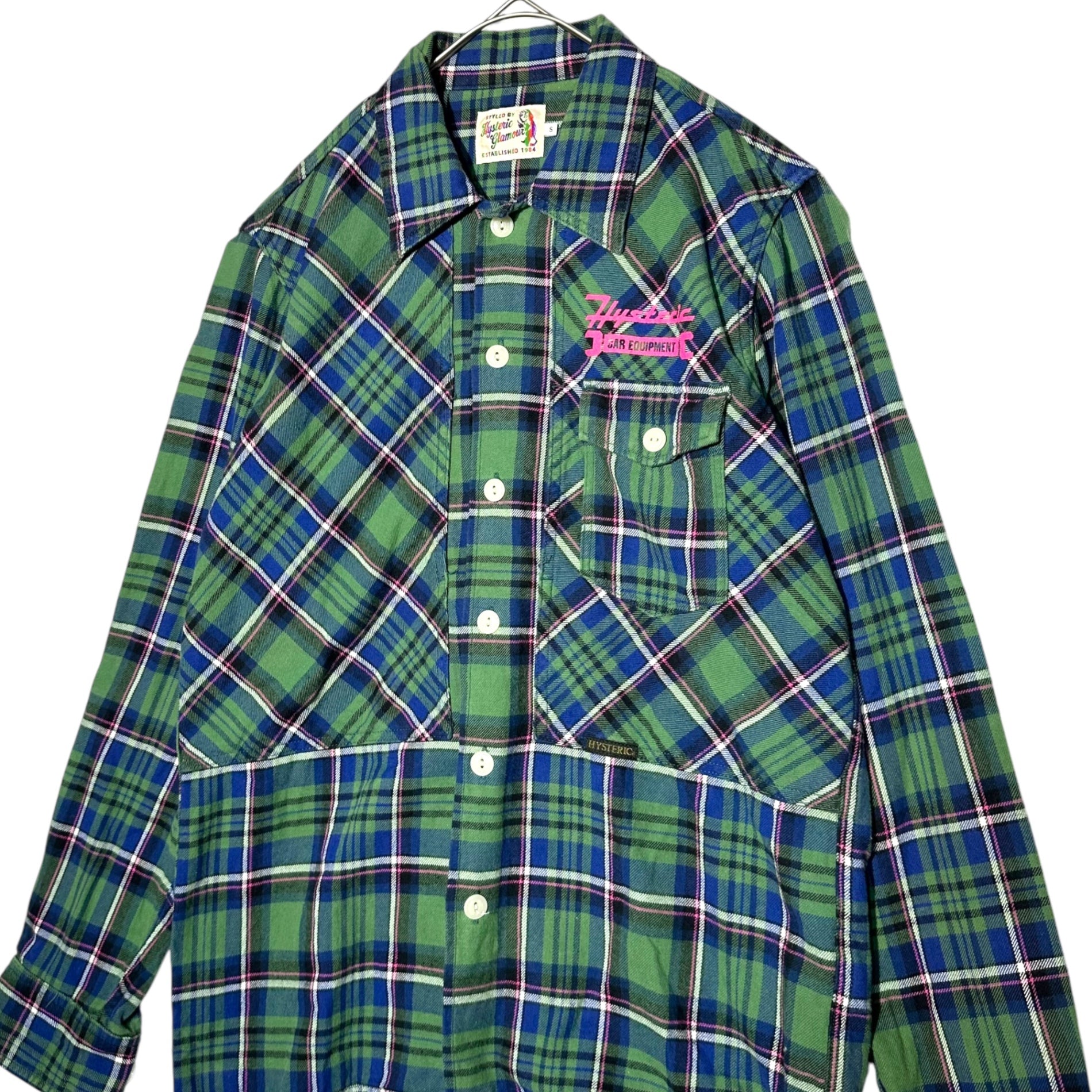 HYSTERIC GLAMOUR(ヒステリックグラマー) Girls Print Check Shirt ガールズ プリント チェック シャツ 02173AH02 S ブルー×グリーン×ピンク
