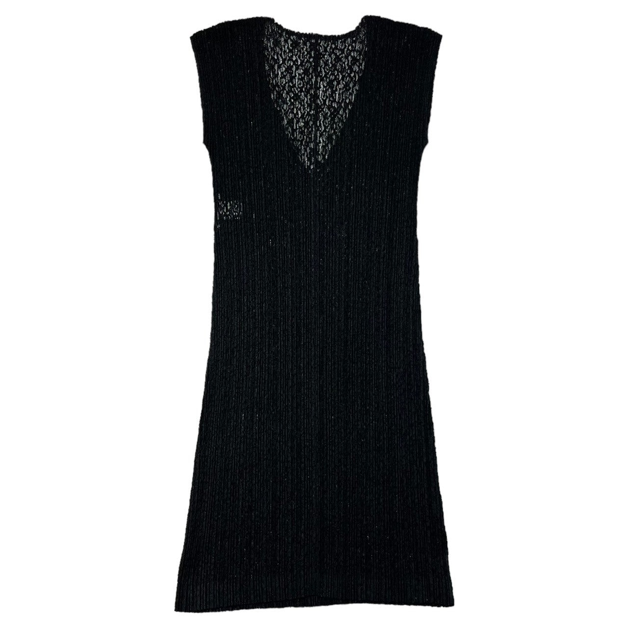 PLEATS PLEASE(プリーツプリーズ) 15AW Lace pleated dress 総レース プリーツ ワンピース PP53-JK754 3(L程度) ブラック V オープン ネック メッシュ ノースリーブ ドレス