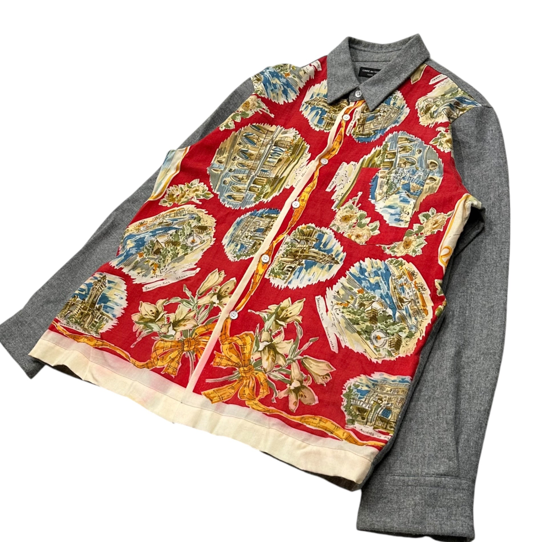 COMME des GARCONS HOMME PLUS(コムデギャルソンオムプリュス) 1999AW Souvenir Kitsch Yokohama Print Wool Shirt スーベニールキッチュ 横浜 名所 切替 ウールシャツ PB-040440 FREE レッド×グレー AD1999