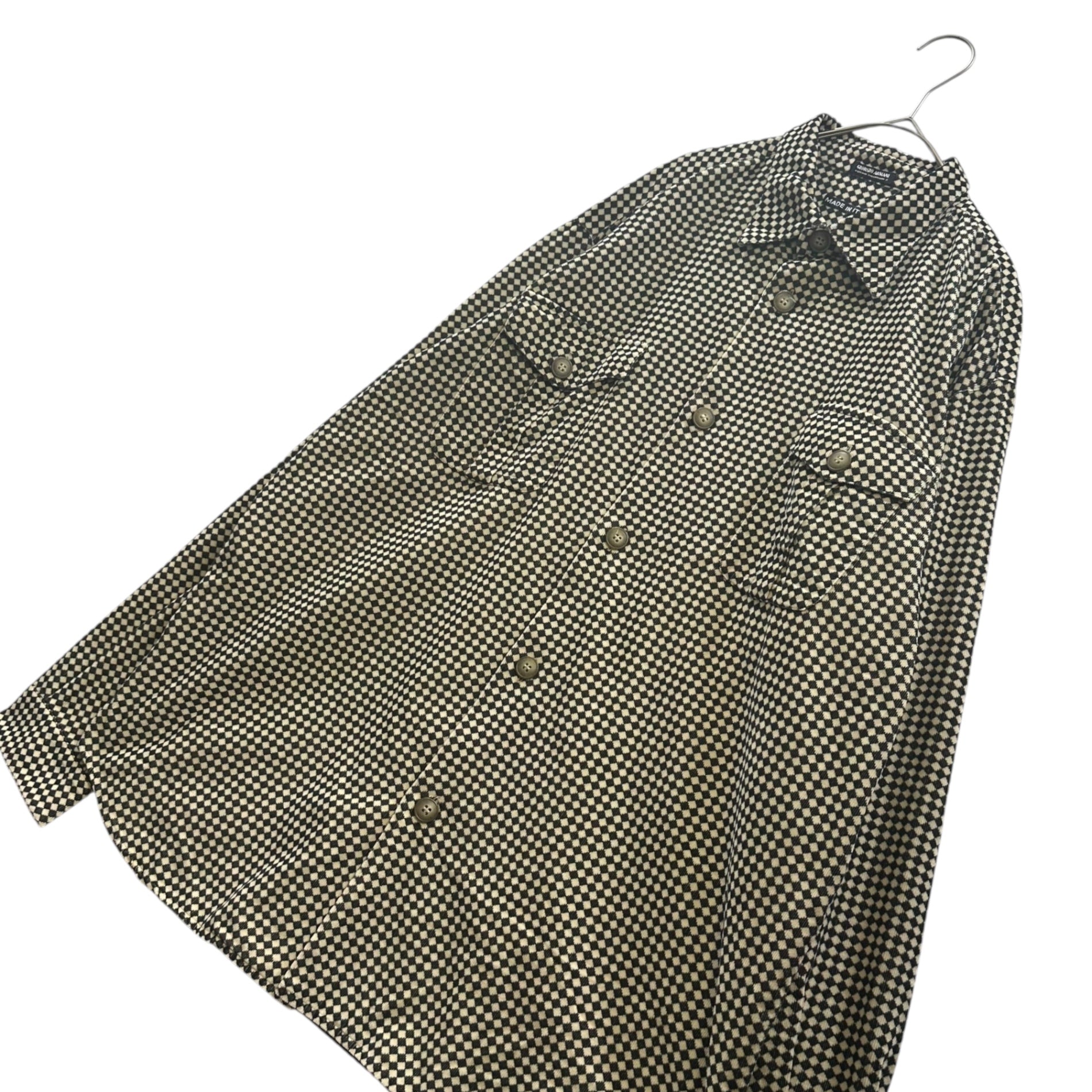 GIORGIO ARMANI(ジョルジオアルマーニ) 1993AW Harlequin Check Corduroy Shirt ハーリキン チェック 細畝 コーデュロイ シャツ 52(XL程度) ブラック×アイボリー 90's 90年代 ヴィンテージ