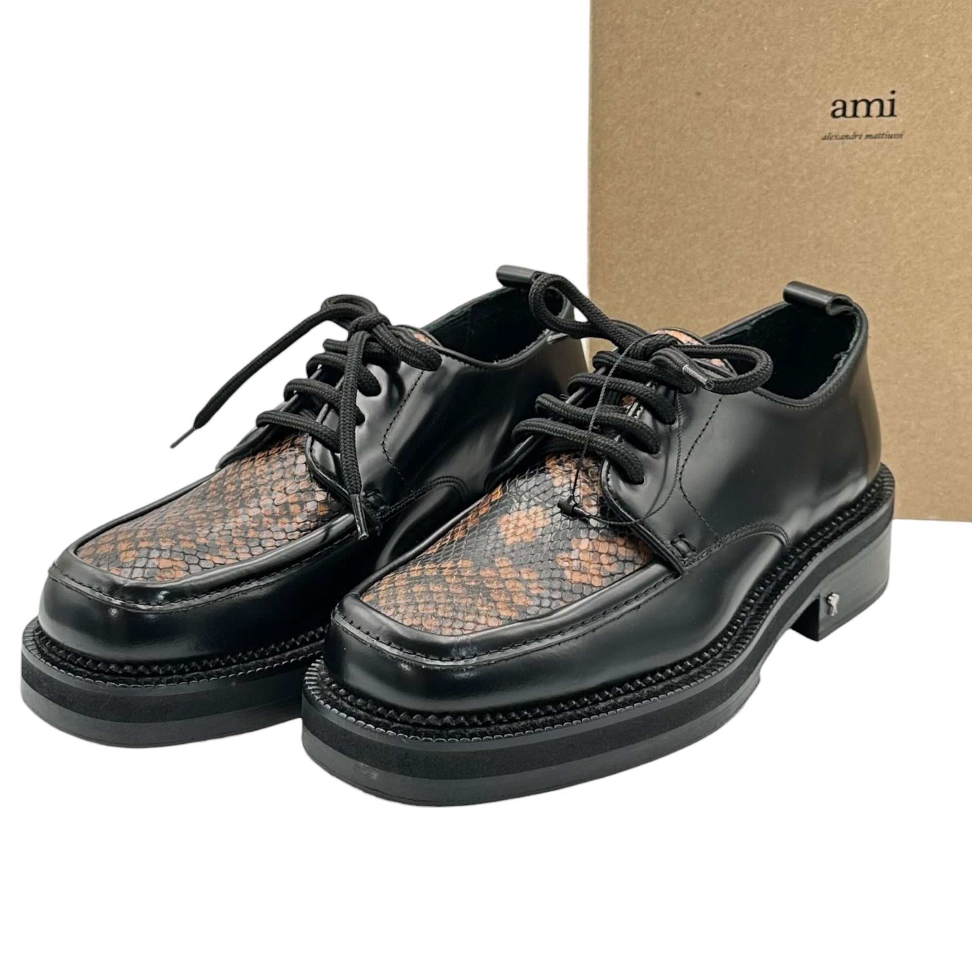 AMI PARIS(アミパリス) Square-Toe Shoes with Python Accents パイソン 切替 スクエアトゥ レザー シューズ 40(25.0~25.5cm程度) ブラック×ブラウン