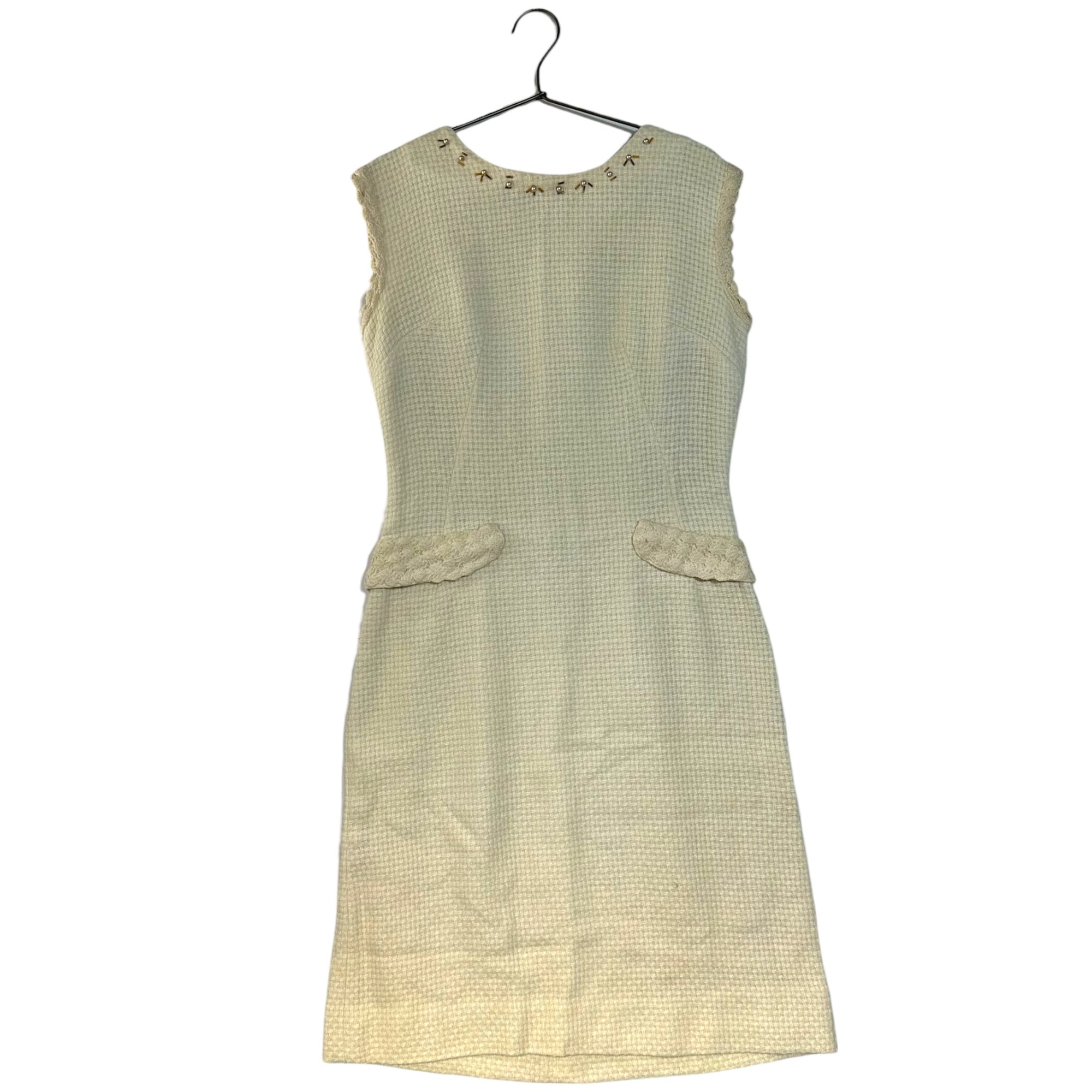 VINTAGE(ヴィンテージ) London 70's~ white knit sleevlessdress ミルキーホワイトニットのデザインノースリーブワンピース M程度 アイボリー