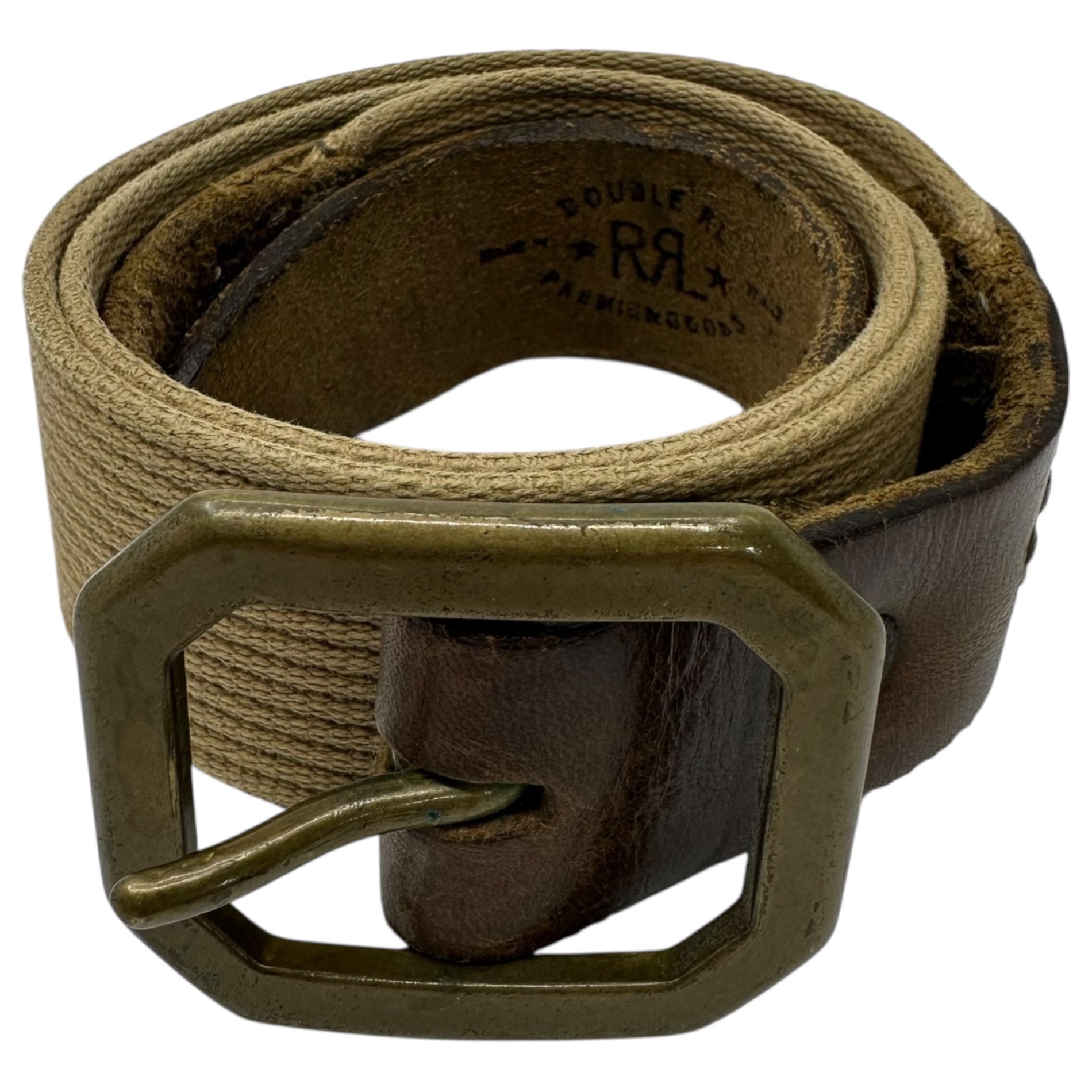 RRL(ダブルアールエル) Leather and Cotton Blend Belt レザー コットン 切替 ベルト 30 ブラウン×カーキ バックル素材:真鍮