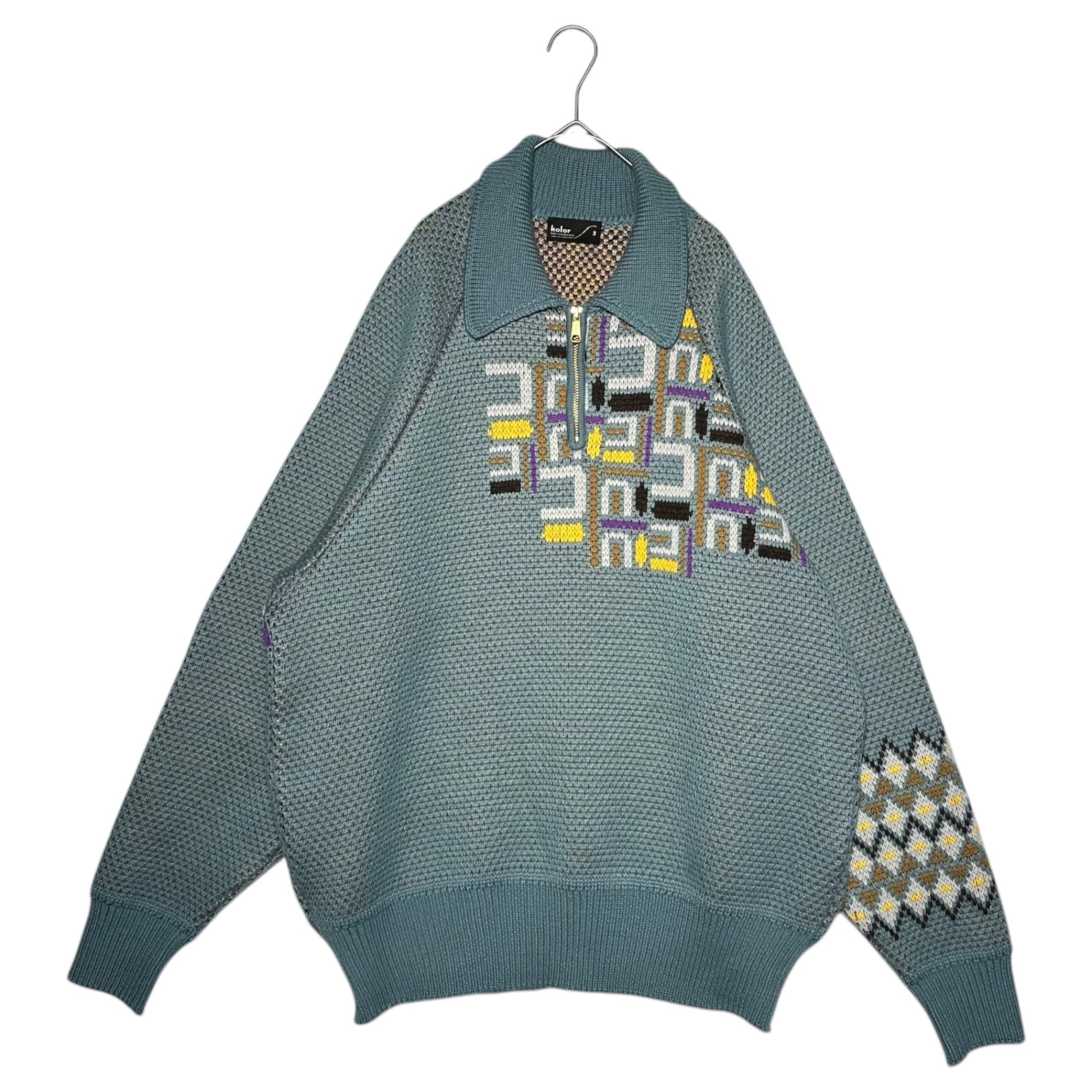 kolor(カラー) 23AW Jacquard Pattern Zip Polo Knit ジャガード柄 ジップ ポロ ニット 23WCM-N08304 3 ライトブルー