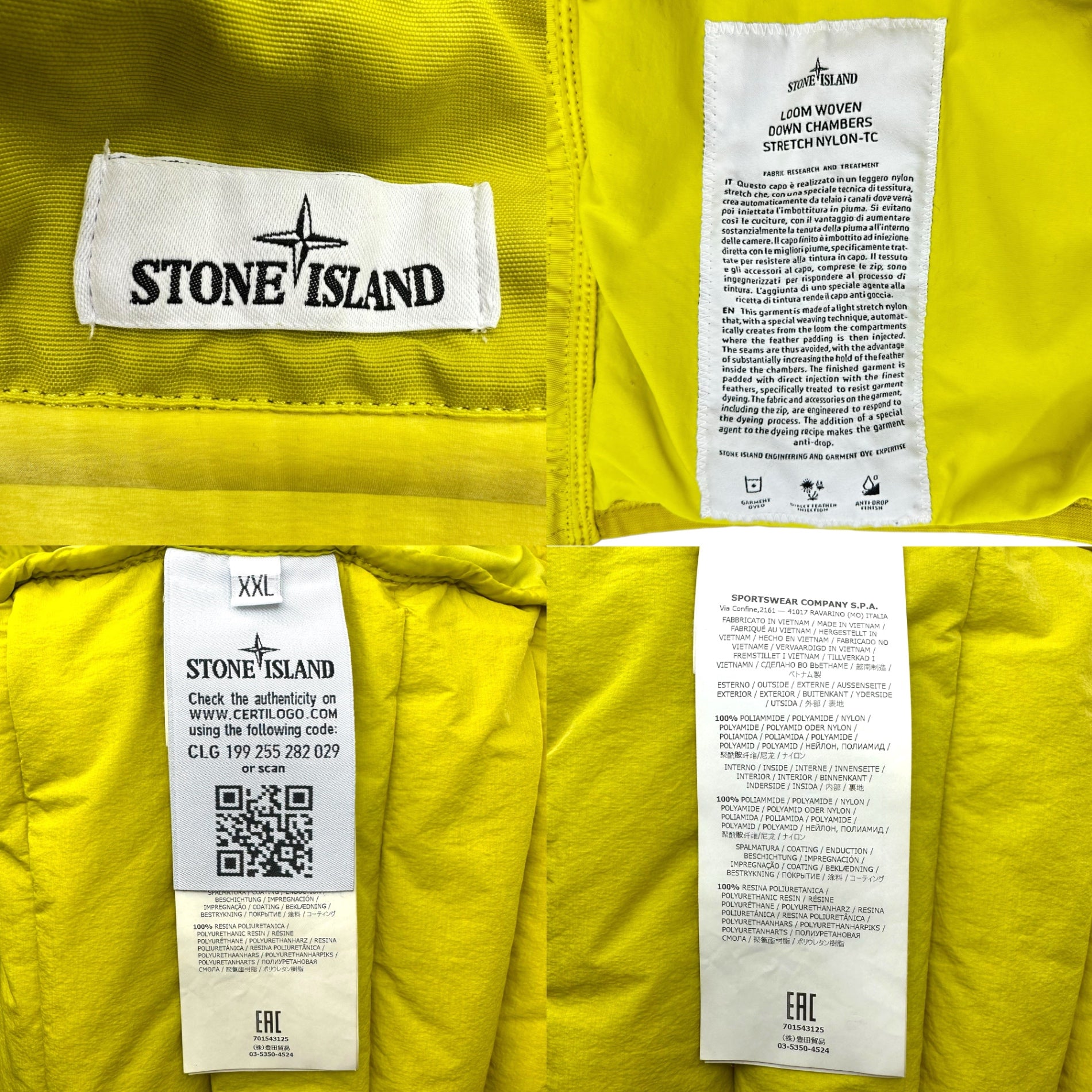 STONE ISLAND(ストーンアイランド) 19AW Loom Woven Down Chambers Stretch Nylon Jacket ルーム ウーブン ダウン チャンバーズ ストレッチ ナイロン ジャケット 701543125 XXL イエロー