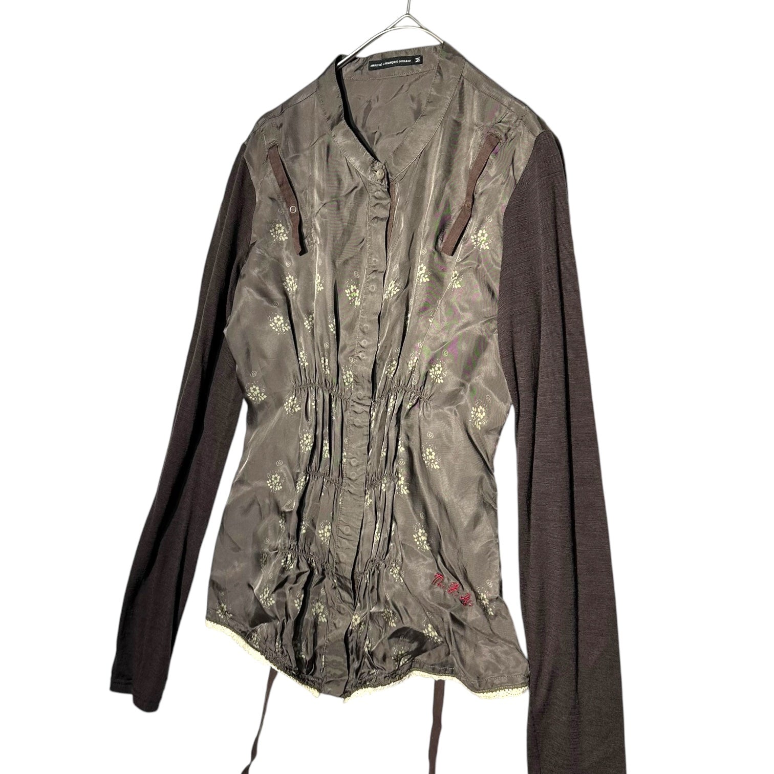 MARITHE FRANCOIS GIRBAUD(マリテフランソワジルボー) 00's Gathered Knit Sleeve Cupra Blouse ギャザー ニットスリーブ キュプラ シャツ ブラウス F7-5909 M ブラウン Y2K