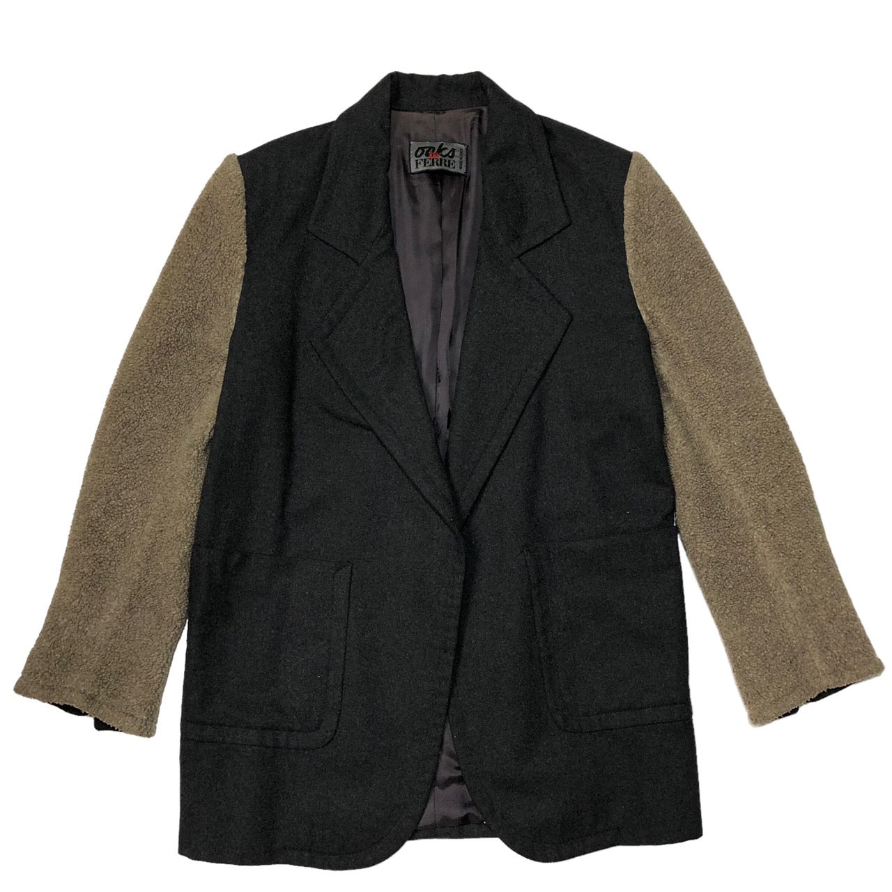 oaks by FERRE(オークスバイフェレ) 90'sボアスリーブウールジャケット 42(L~XL程度) グレー×ベージュ MADE IN ITALY