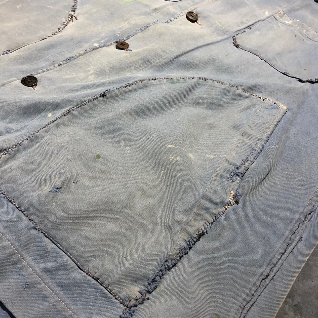 FRENCH WORK(フレンチワーク) 70~sモールスキンリメイクジャケット 表記なし(L程度) ブルー Dポケットカスタム、ステッチ・ペンキ加工