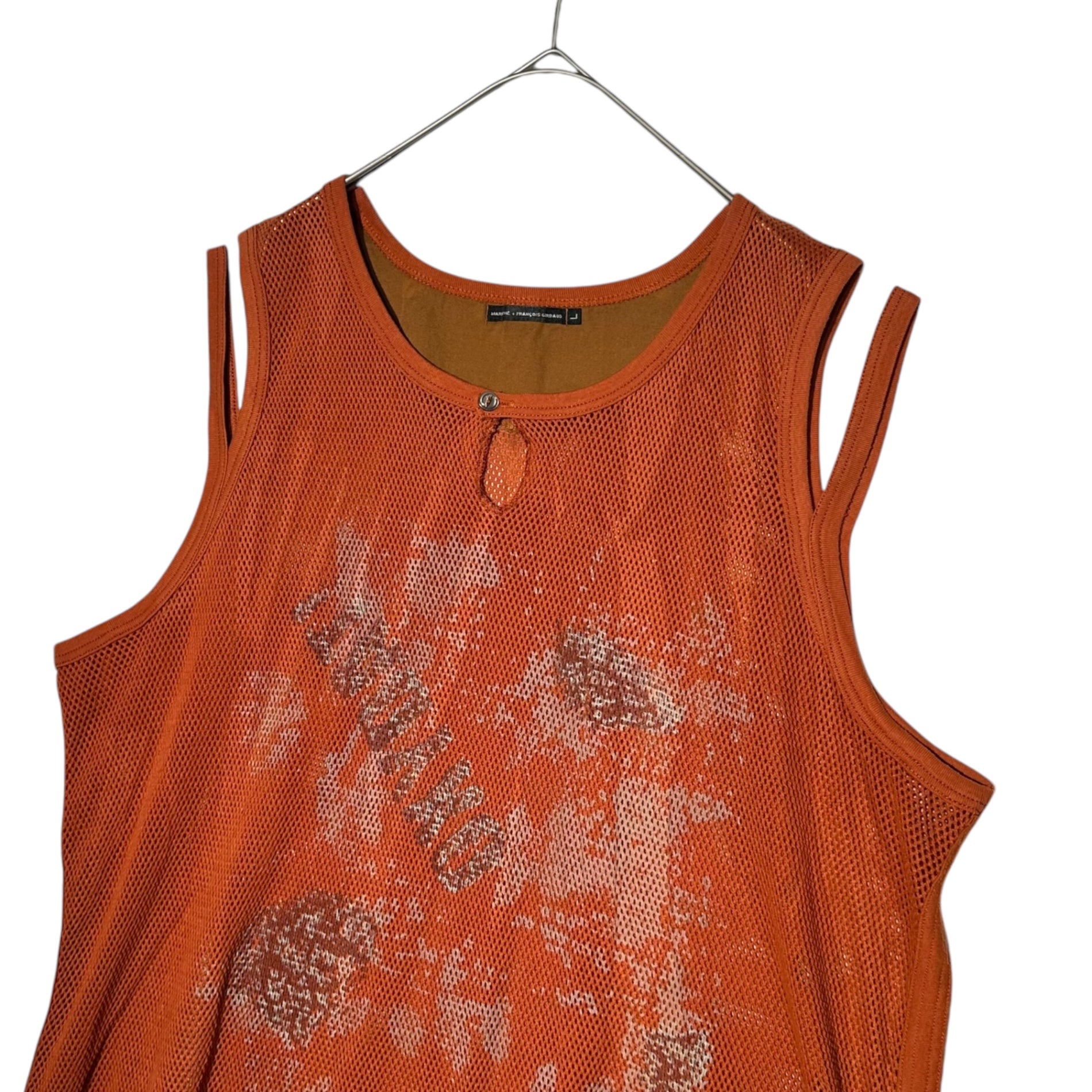 MARITHE FRANCOIS GIRBAUD(マリテフランソワジルボー) 00's Graphic Print Mesh N/S Cut & Sewn グラフィック プリント メッシュ ノースリーブ カットソー M5-6500 L オレンジ Y2K