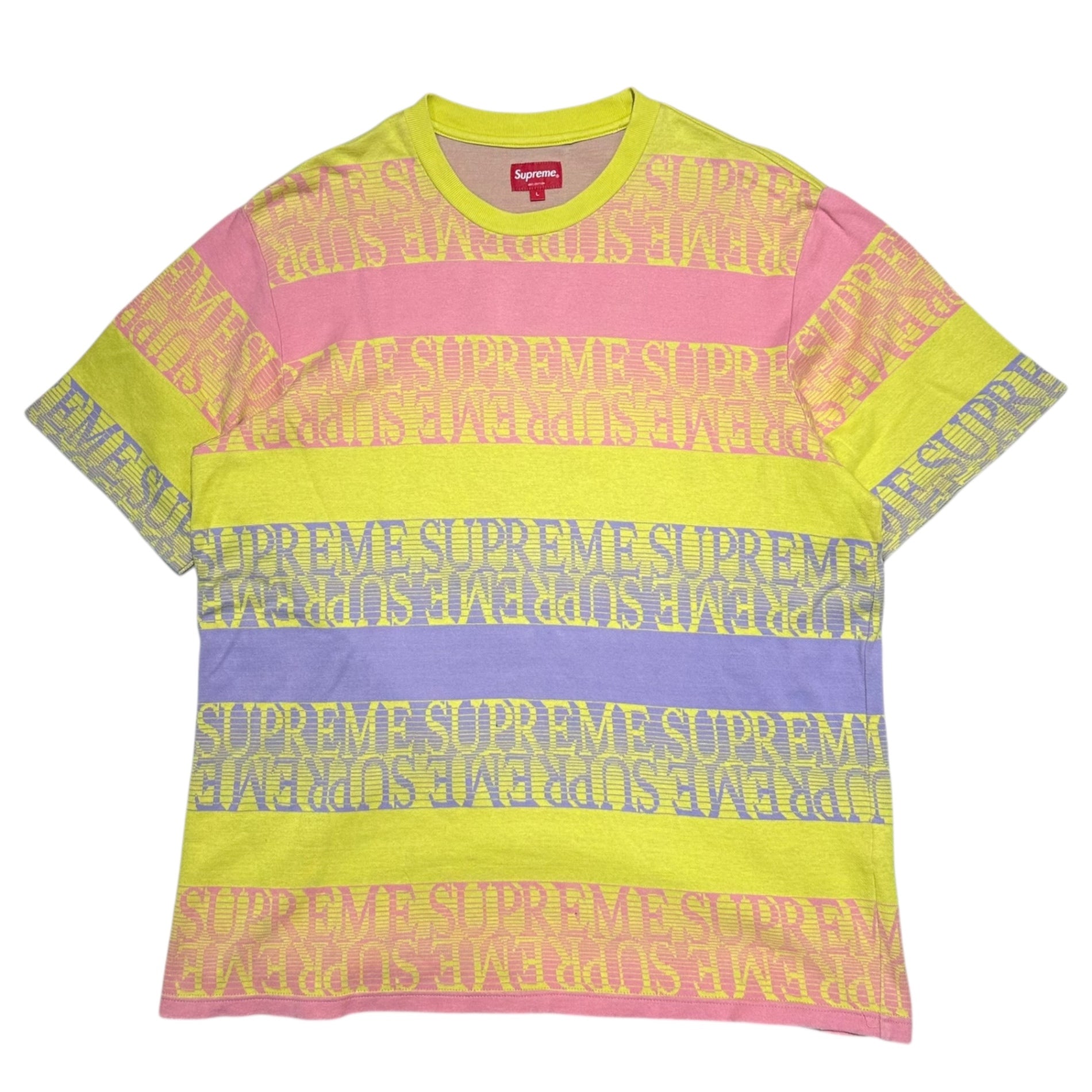SUPREME(シュプリーム) 19SS Text Stripe Jacquard S/S Top テキスト ボーダー ジャガード Tシャツ L イエロー×ピンク×パープル