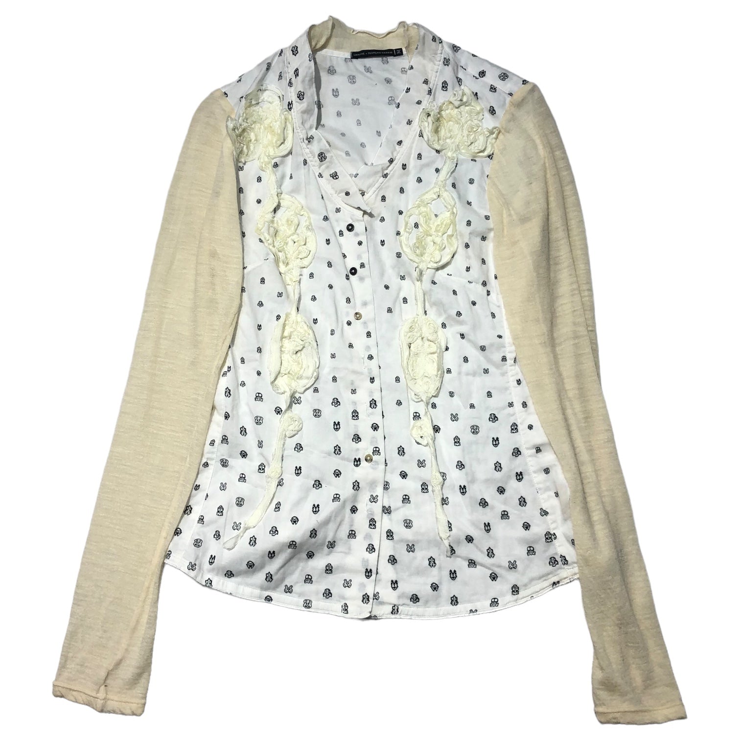 MARITHE FRANCOIS GIRBAUD(マリテフランソワジルボー) 00's lower knit switching shirt フラワー ニット 切替 シャツ F7-5209 M ホワイト×アイボリー Y2K ドクロ柄 ブラウス