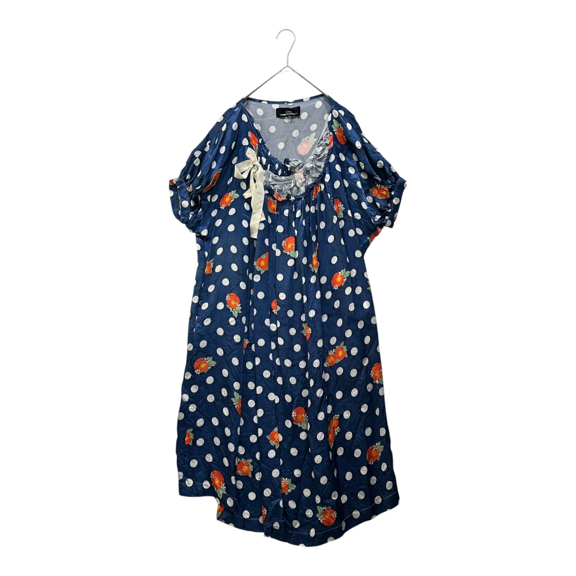 tricot COMME des GARCONS(トリココムデギャルソン) 11SS Orange Print × Dot Cupra Frill Ribbon Dress オレンジプリント × ドット キュプラ フリル リボン ワンピース TG-O031 M ブルー×ホワイト×オレンジ AD2010