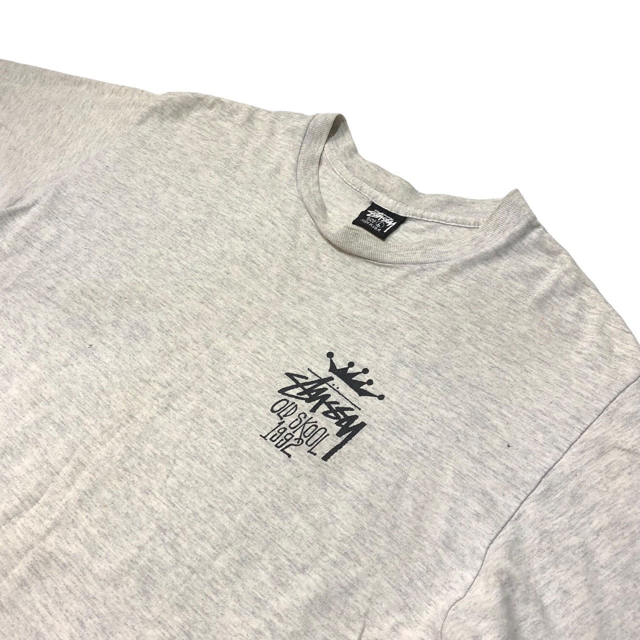 STUSSY(ステューシー) 90’s OLD SKOOL 1992 crown オールドスクール 王冠 Tシャツ 黒タグ SIZE L ライトグレー×ブラック 90年代 OLD STUSSY ショーンフォント