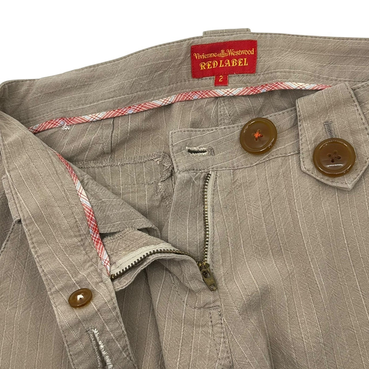 Vivienne Westwood RED LABEL(ヴィヴィアンウエストウッドレッドレーベル) 00's Big Button Striped Semi-Flared Cotton Pants ビッグボタン ストライプ セミフレア コットン パンツ 357-01-78003 2(S程度) ベージュ ここのえタグ後期