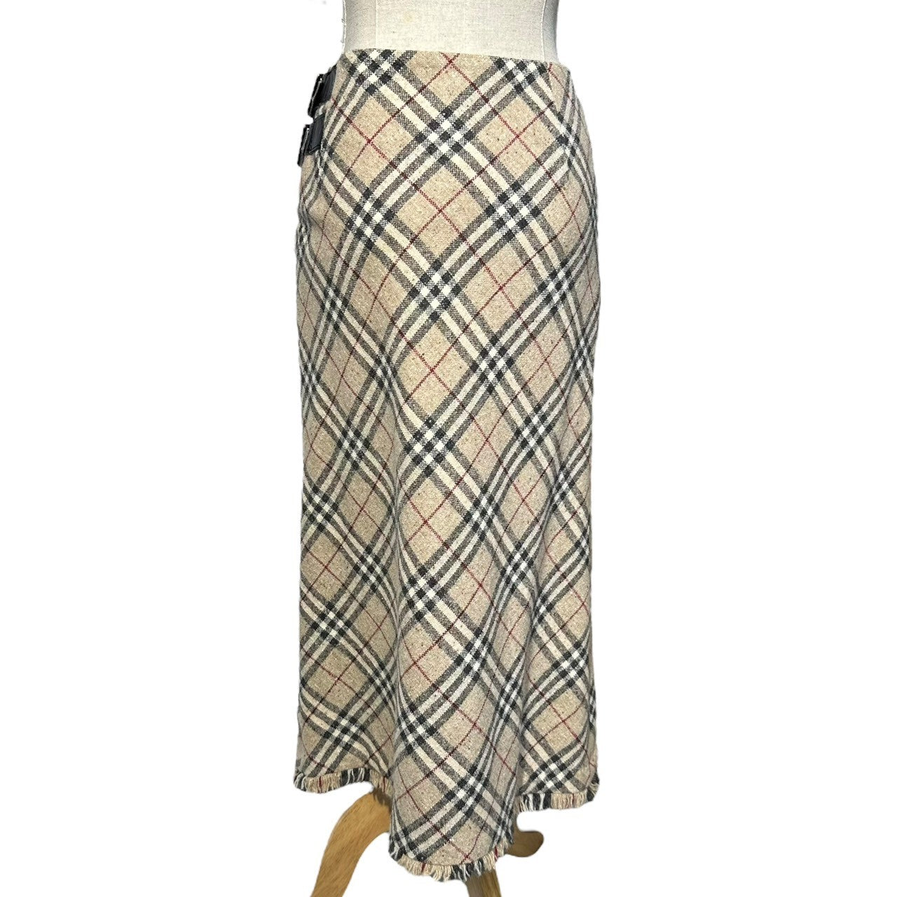 BURBERRY LONDON(バーバリーロンドン) Nova Check Angora Cashmere Blend Leather Belt Long Skirt ノヴァチェック アンゴラ カシミヤ ブレンド レザー ベルト ロング スカート FX058-074 36(S程度) ベージュ